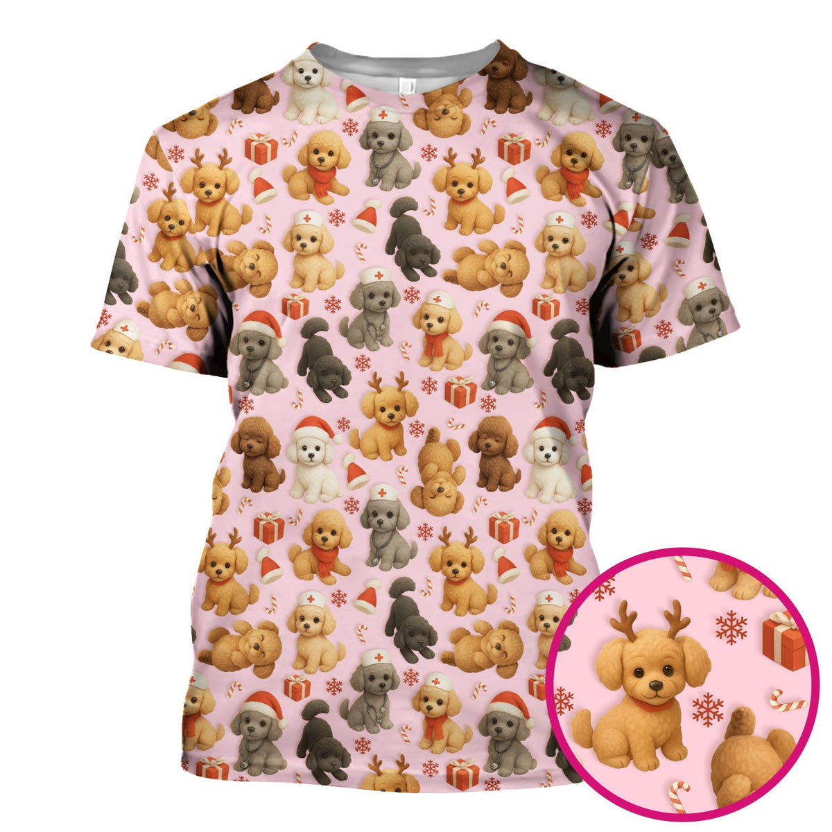Poodle Scrubs Christmas Edition - Cute Dog Pattern Medical Scrub Top for Women - Holiday Christmas Scrubs with Fun Festive Puppy Print