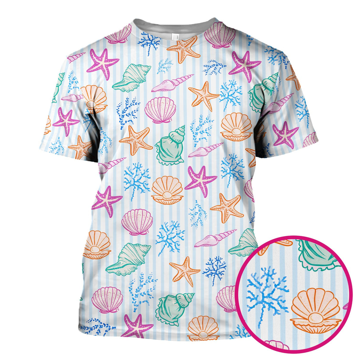 Colorful Seashell Starfish Ocean Stripe Nurse Scrub Top