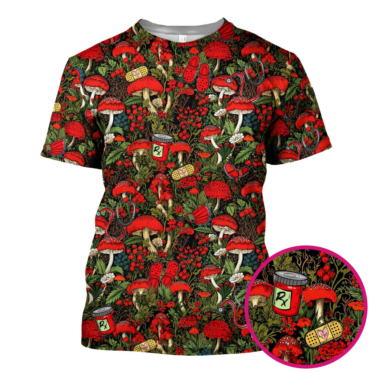 Red Mushroom Forest Nurse Scrub Top