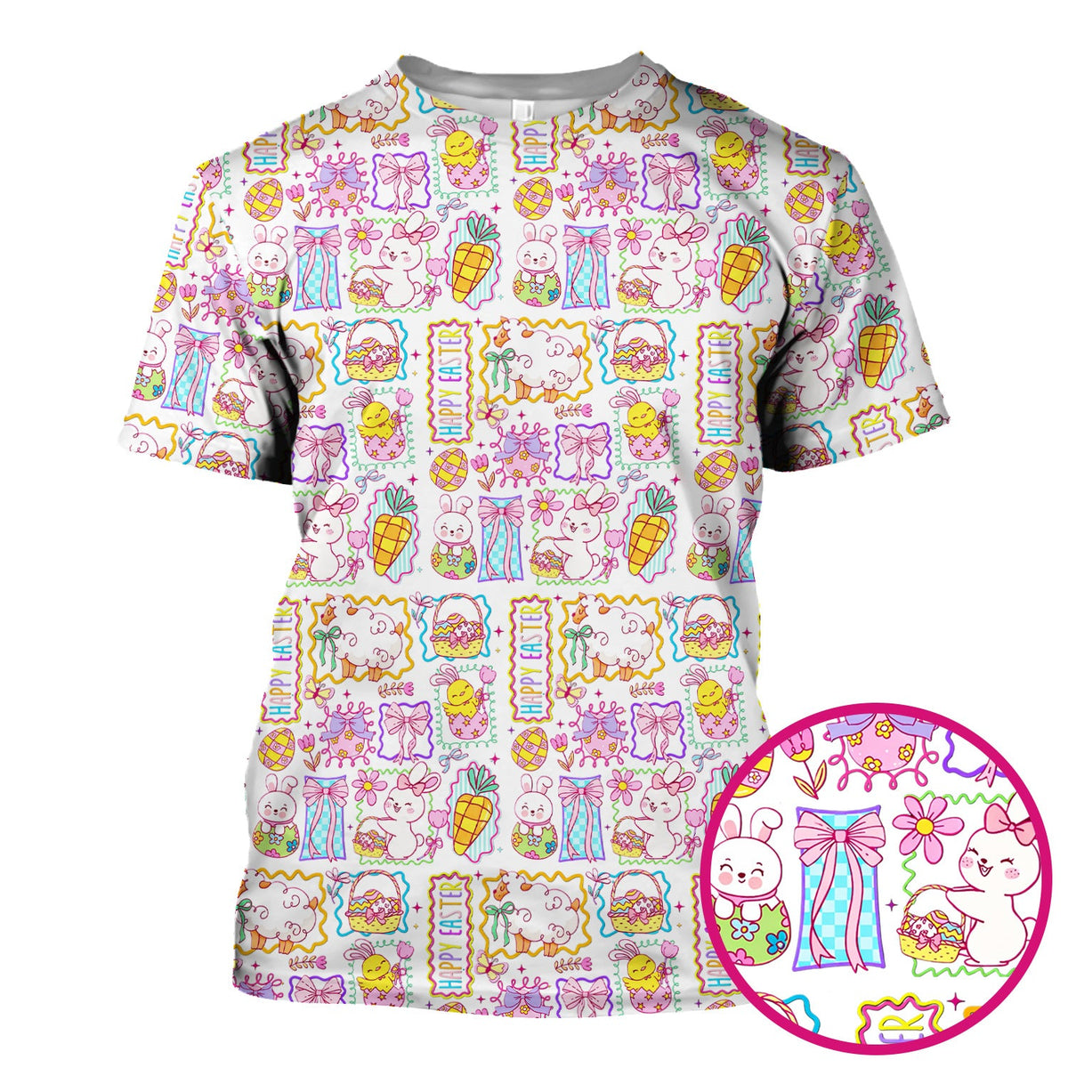 Cute Easter Bunny Egg and Bow Print Scrub Top, Breathable Fabrics Nursing Uniform