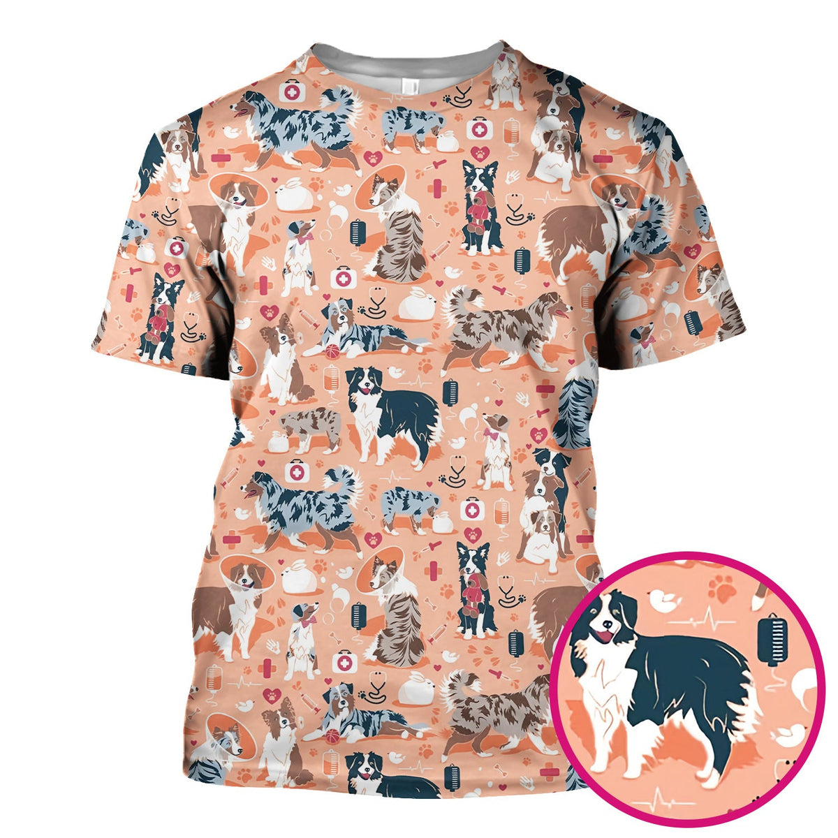 Cute Dog Pattern Veterinary Scrub Top, Breathable Fabrics Nursing Uniform