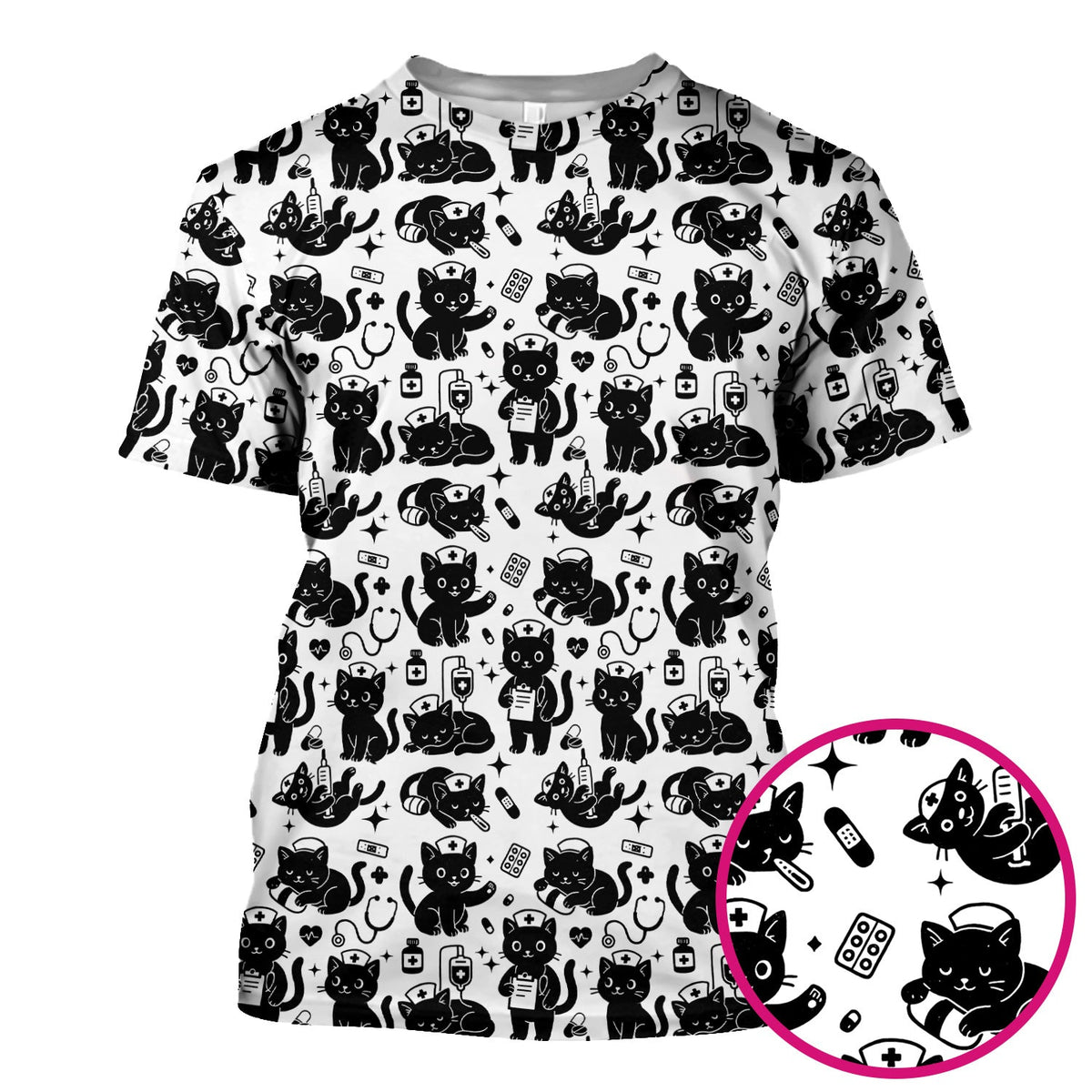 Cute Black Cat Nurse Pattern Scrub Top, Breathable Fabrics Nursing Uniform