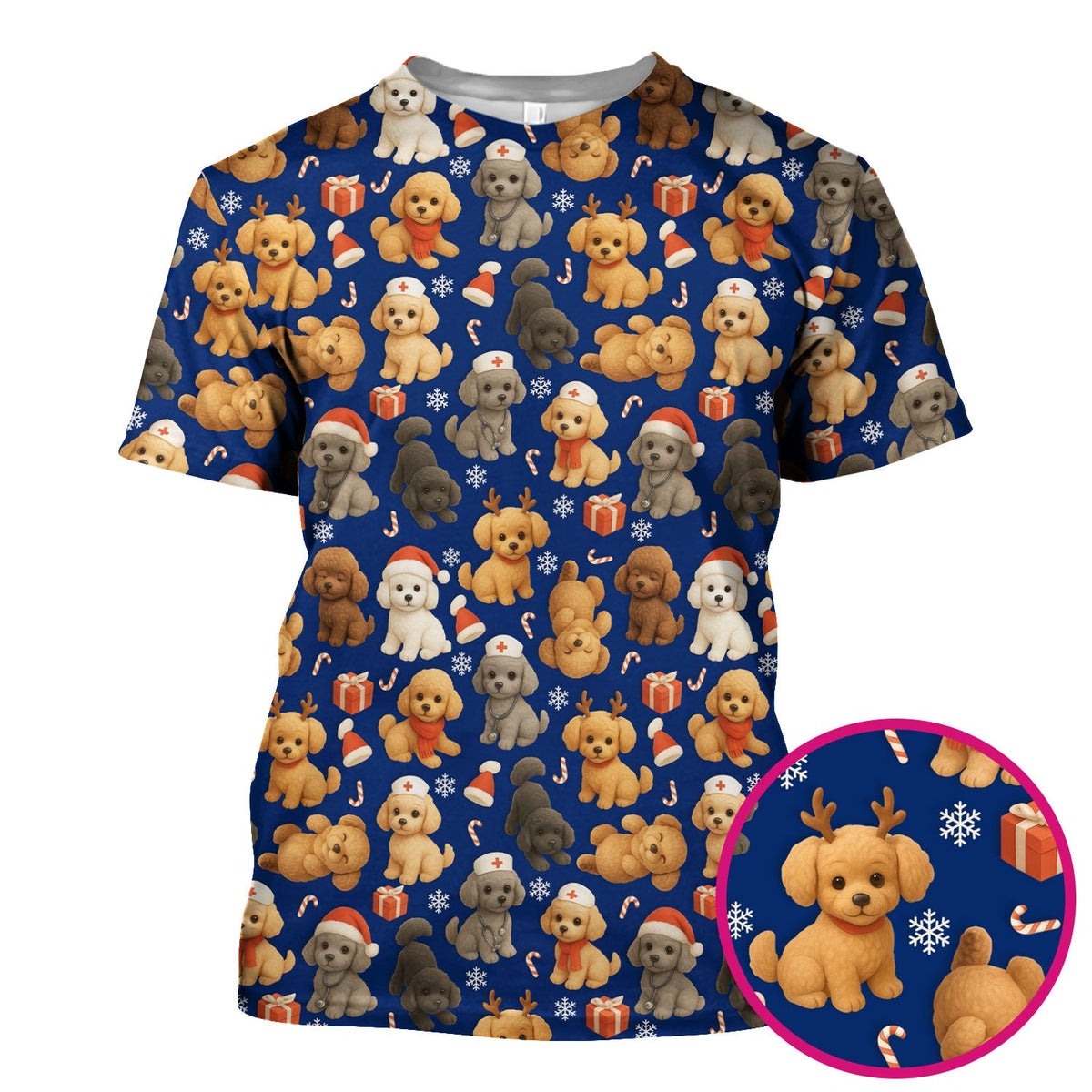 Poodle Scrubs Christmas Edition - Cute Dog Pattern Medical Scrub Top for Women - Holiday Christmas Scrubs with Fun Festive Puppy Print