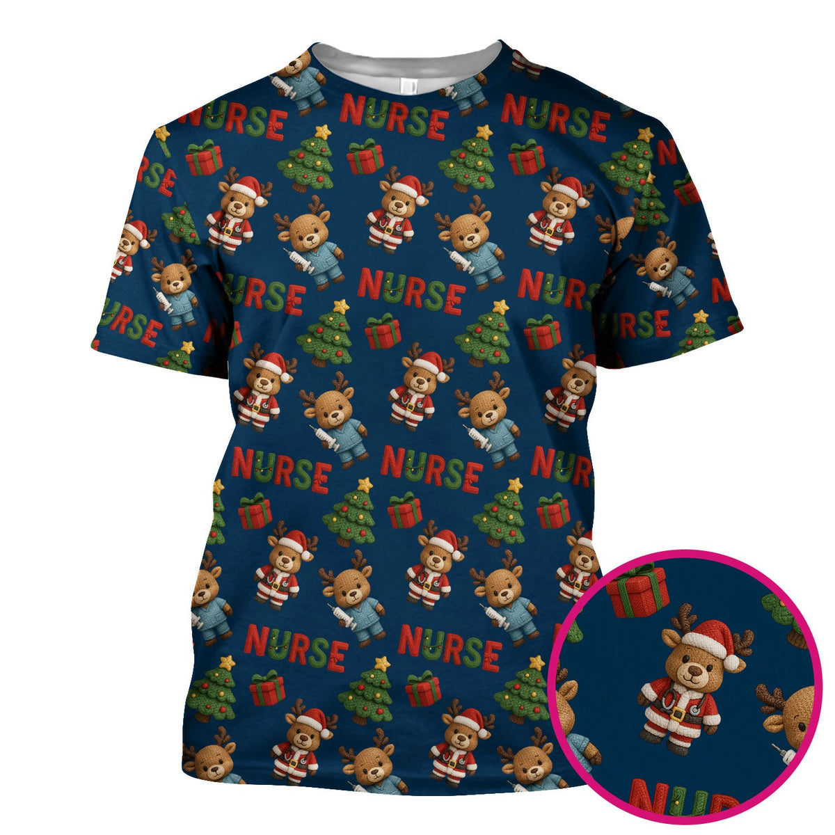 Reindeer Christmas Scrub Top, Cute Holiday Nurse Scrub Shirt, Festive Pattern Nursing Uniform