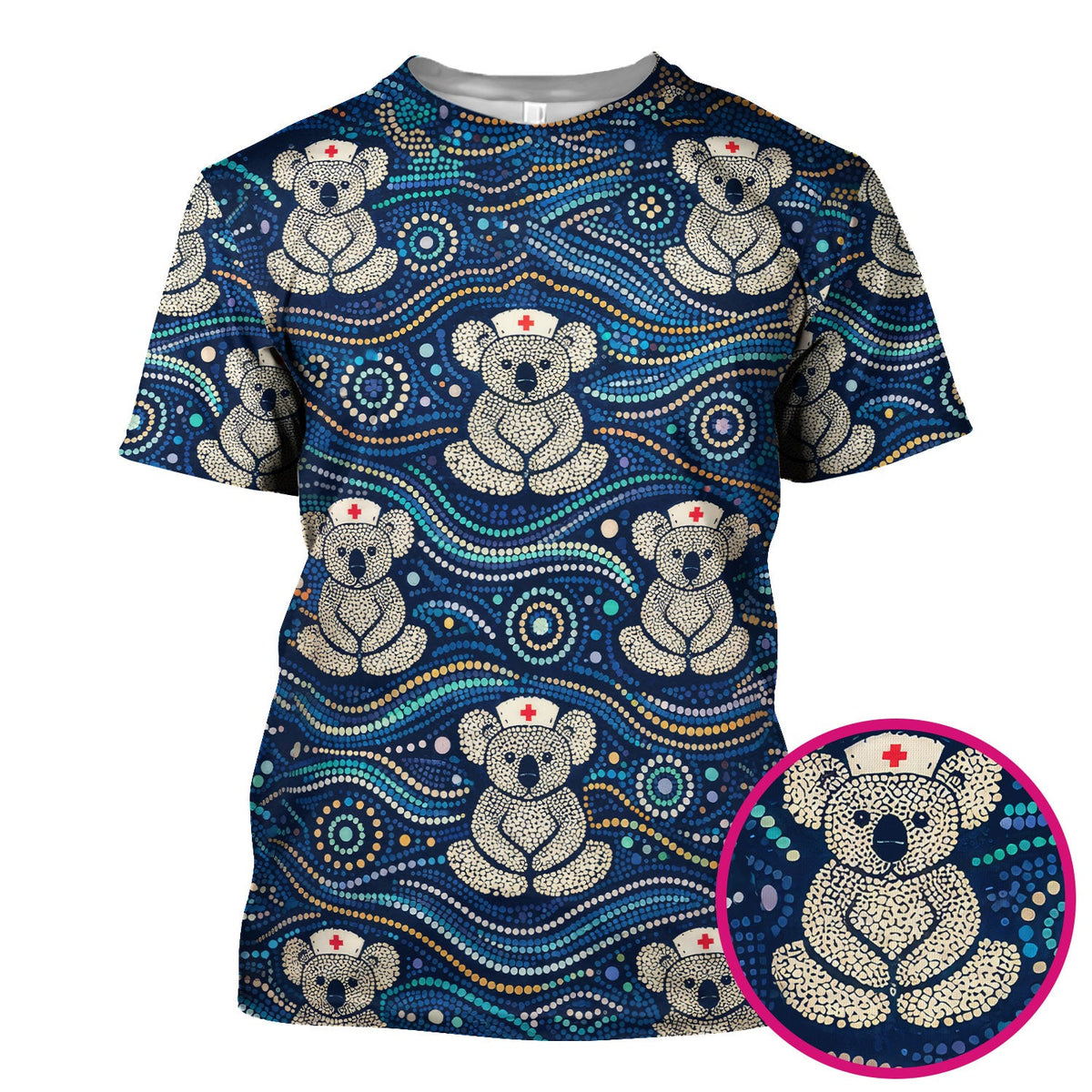 Koala Pattern Nurse Scrub Top, Aboriginal Dot Art Medical Shirt For Women, Breathable Fabrics Nursing Uniform