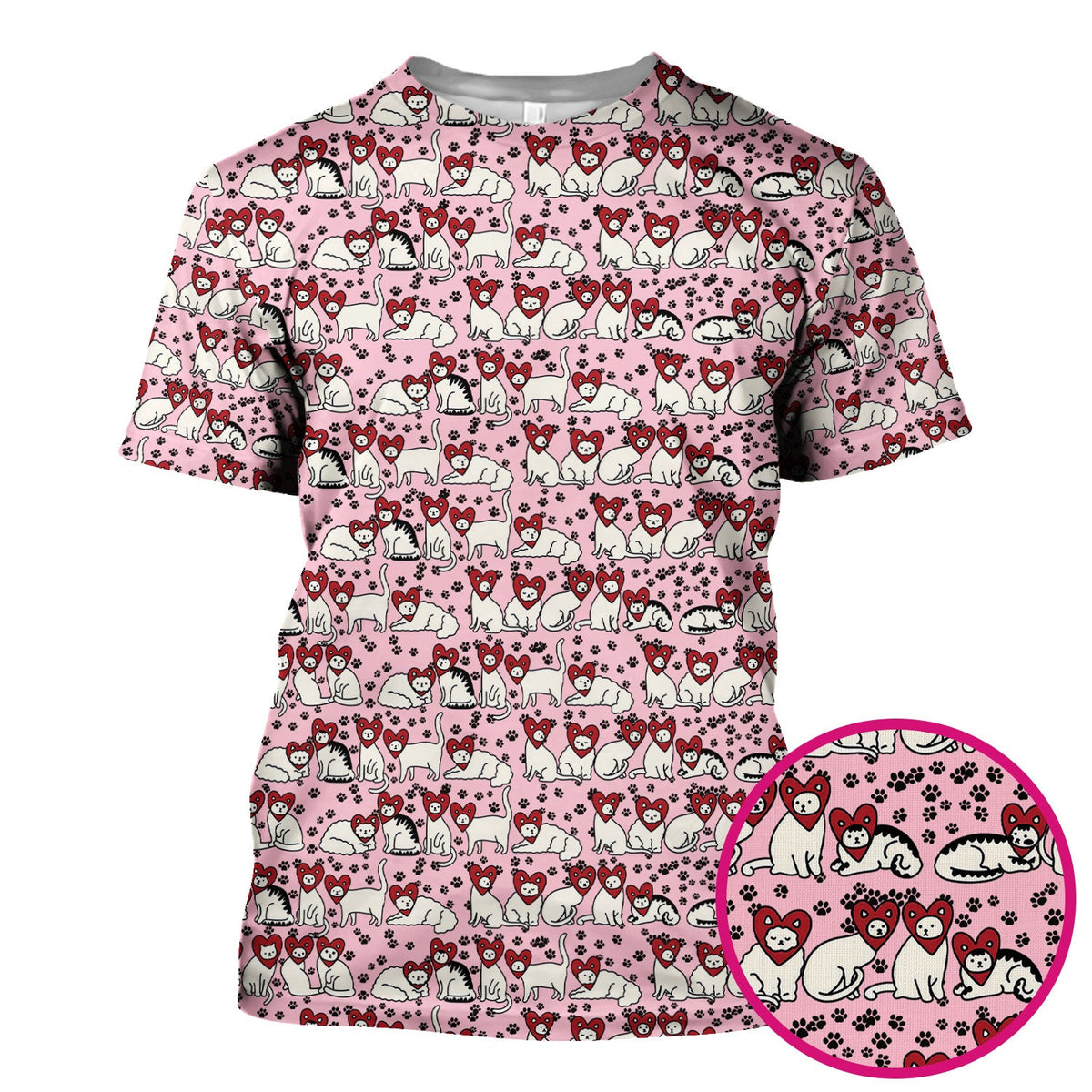 Cute Cat Heart Pattern Scrub Top, Funny Cat Scrub Shirt For Nurses, Breathable Fabrics Nursing Uniform