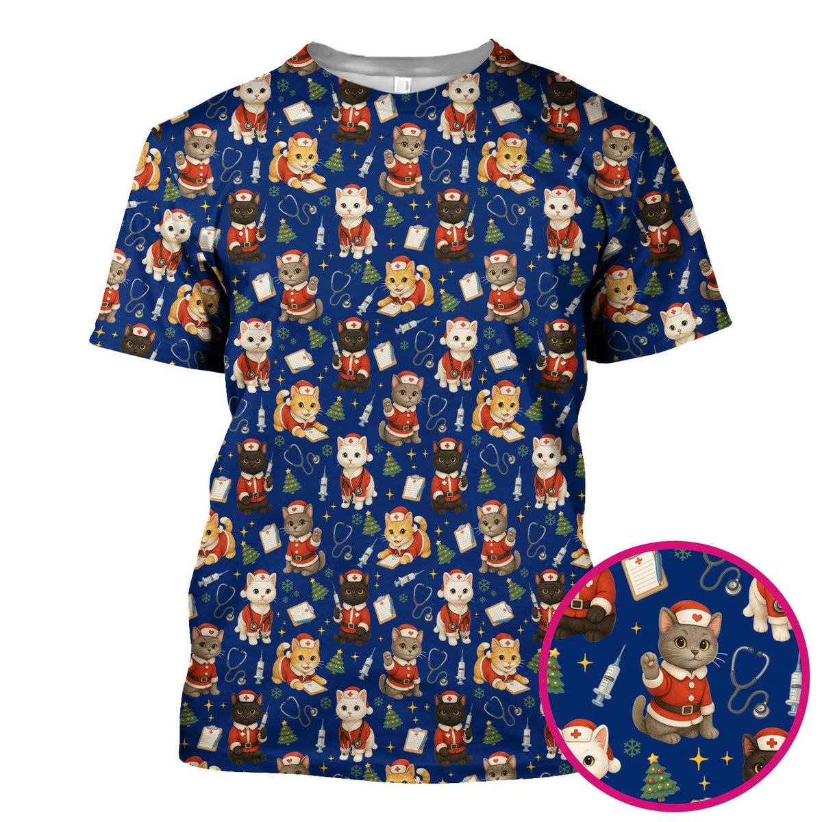 Funny Nurse Scrub Top for Women - Christmas Lucky Cat Design - Cute Holiday Nursing Shirt Gift for RN LPN CNA