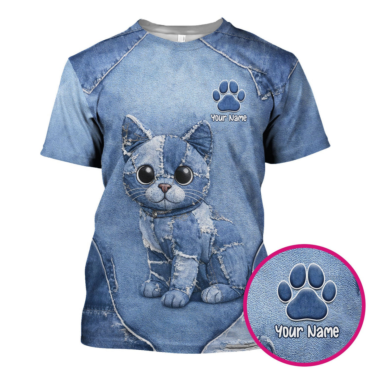 Personalized Patchwork Denim Cat Nurse Scrub Top