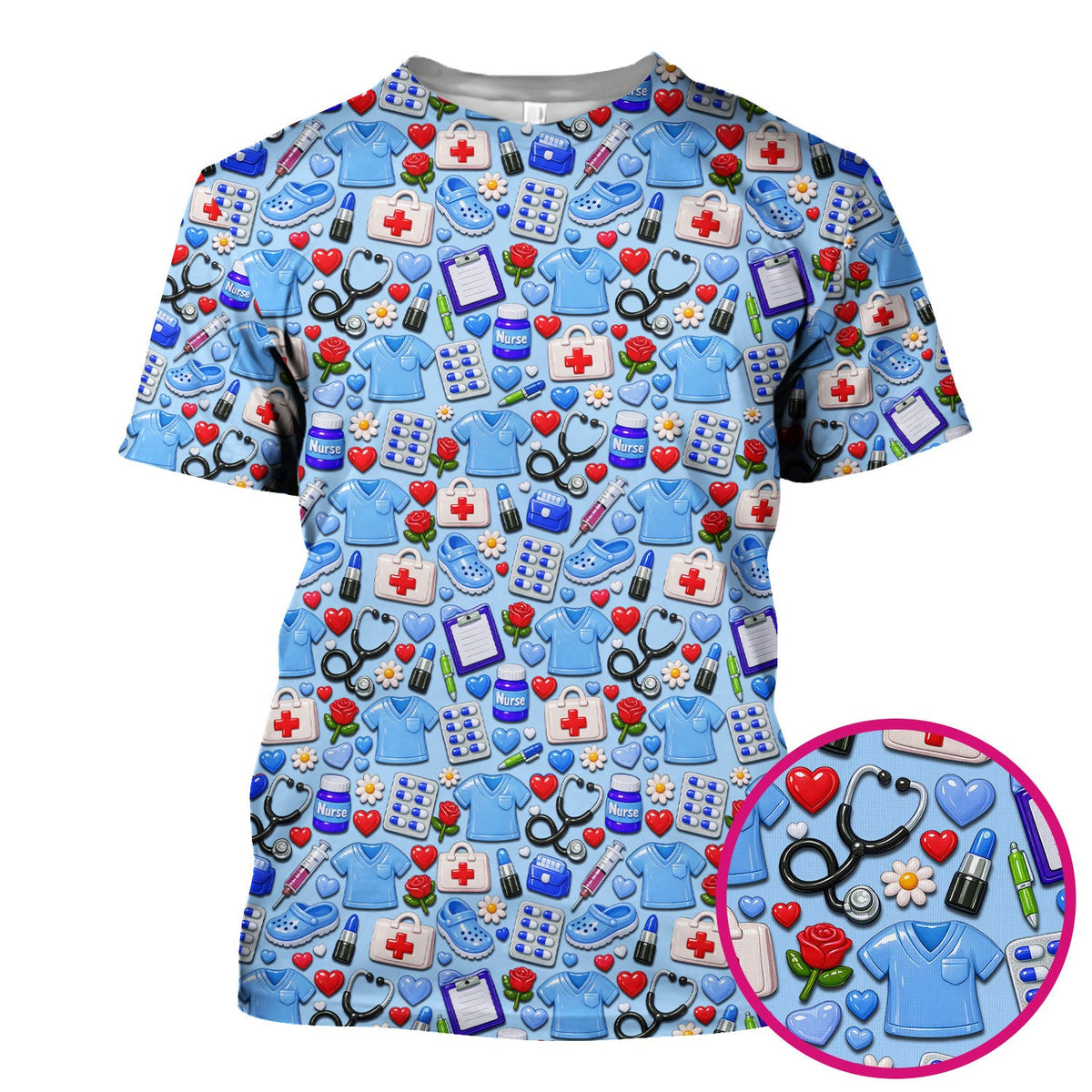 Medical Icons Scrub Top, Cute Pattern Nurse Shirt, Breathable Fabrics Nursing Uniform