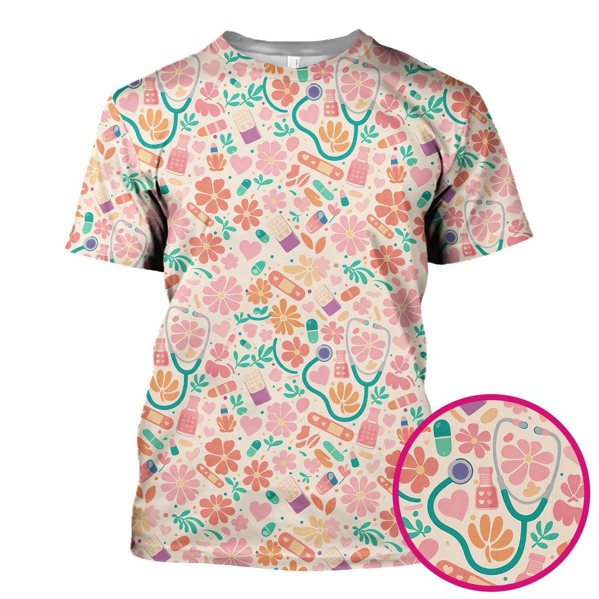 Medical Floral Nurse Scrub Top