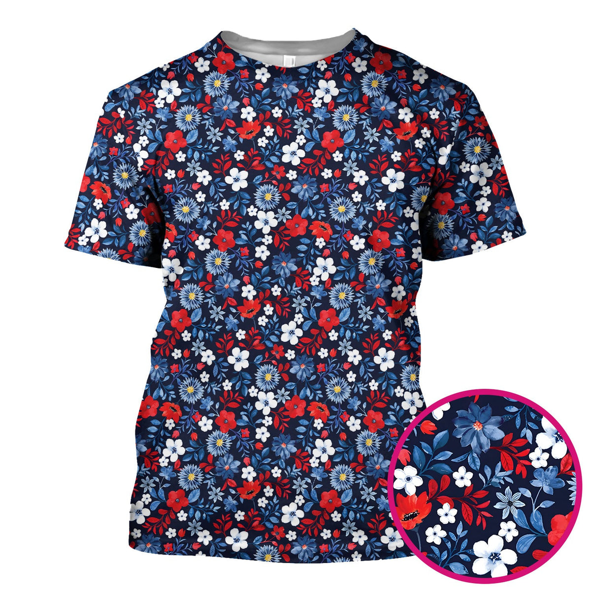Classic Floral Print V Neck Scrub Top for Nurses, Blue Red Medical Uniform