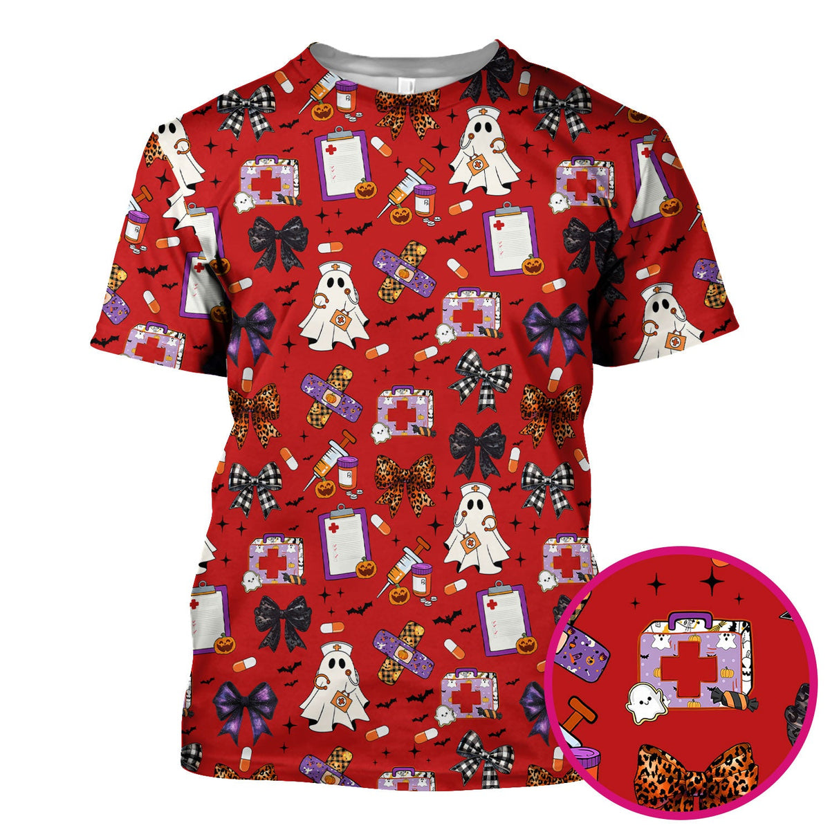 Spooky Ghost Pumpkin Bow Nurse Scrub Top