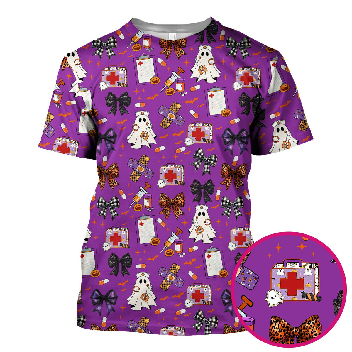 Spooky Ghost Pumpkin Bow Nurse Scrub Top