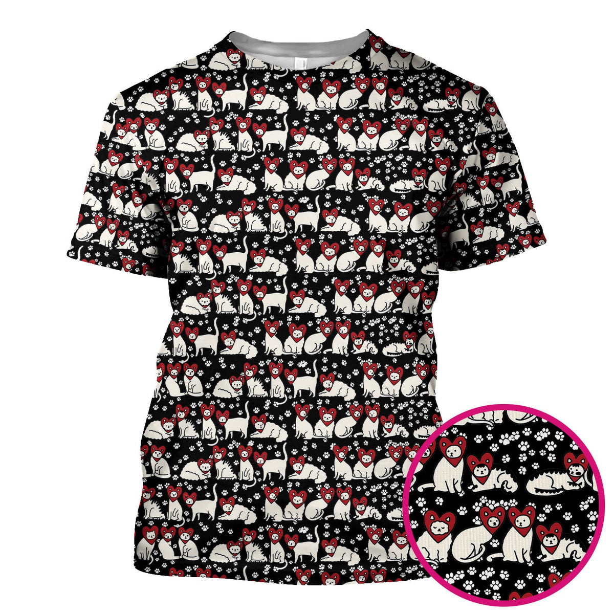 Cute Cat Heart Pattern Scrub Top, Funny Cat Scrub Shirt For Nurses, Breathable Fabrics Nursing Uniform
