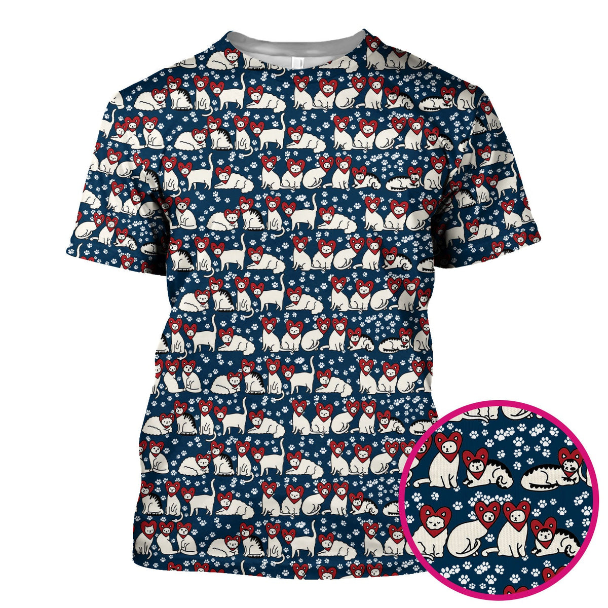 Cute Cat Heart Pattern Scrub Top, Funny Cat Scrub Shirt For Nurses, Breathable Fabrics Nursing Uniform
