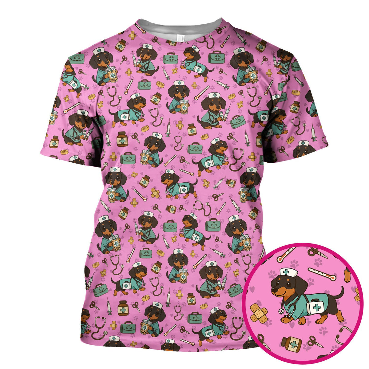 Funny Dachshund Nurse Scrubs - Cute Dog Print Medical Shirt - Holiday Nurse Scrub Top Gift for RN CNA Doctor, Women & Men