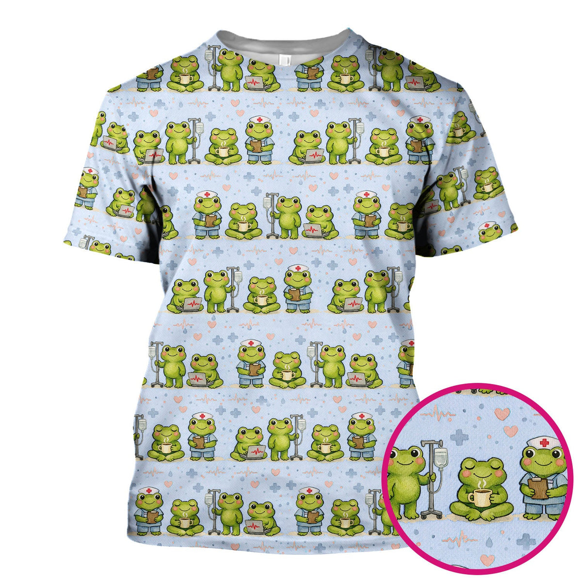 Adorable Frog Nurse Various Poses Print Scrub Top, Comfortable Scrubs for Nurses