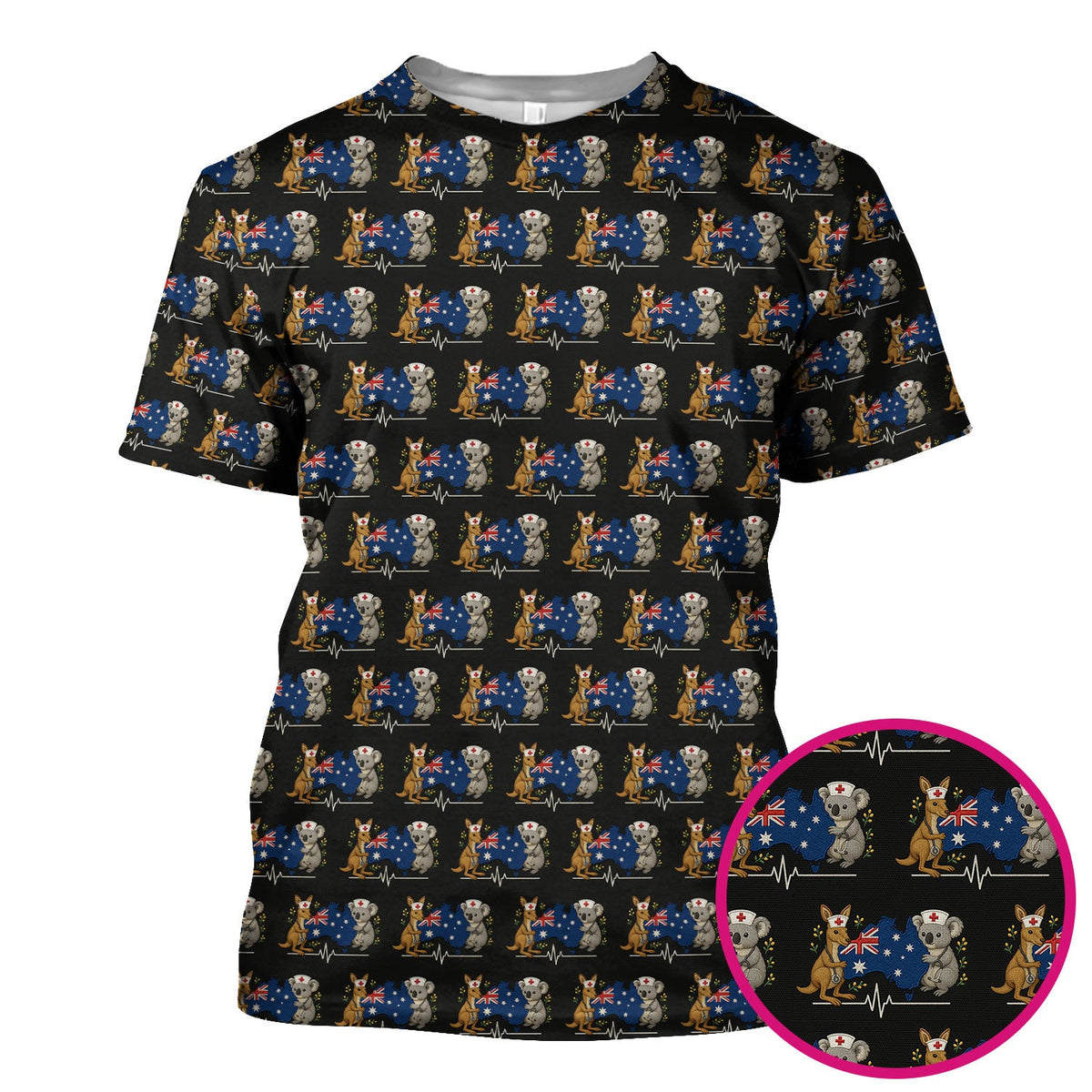 Australian Nurse Scrub Top, Cute Koala Kangaroo Heartbeat Pattern Shirt,  Breathable Fabrics Nursing Uniform