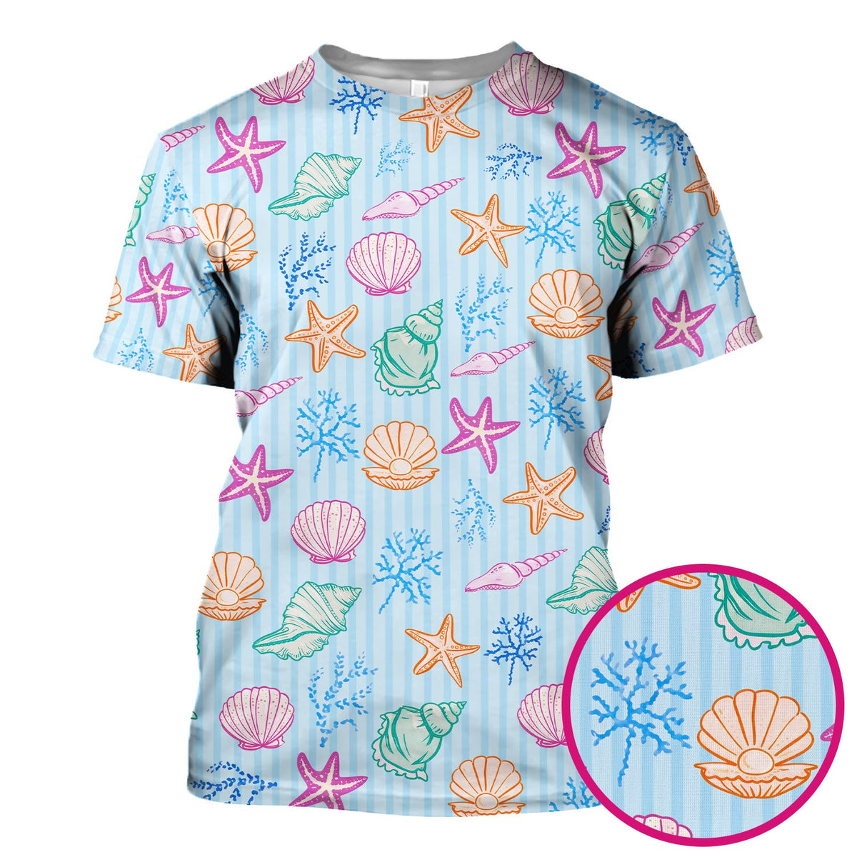 Colorful Seashell Starfish Ocean Stripe Nurse Scrub Top