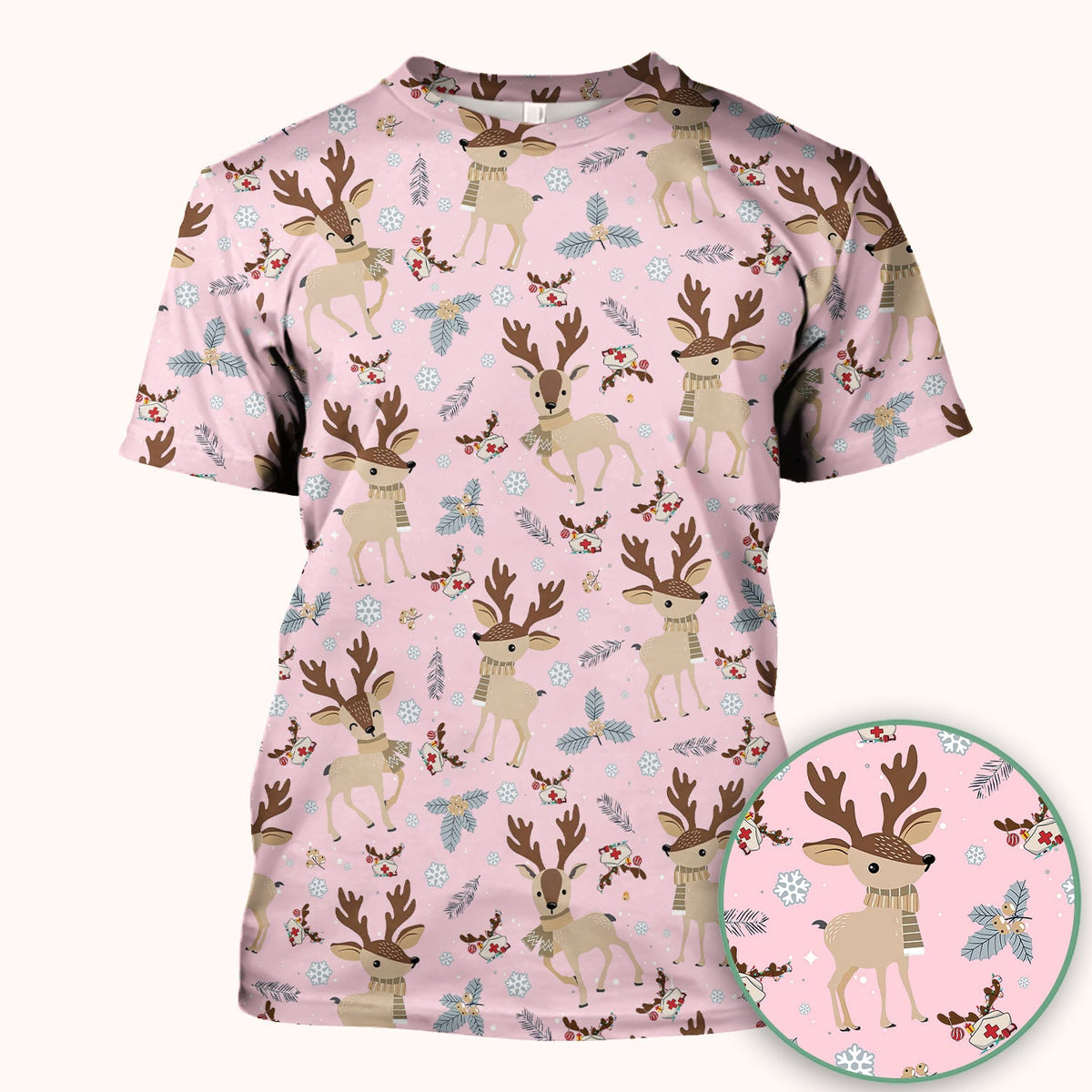 Reindeer Christmas Scrub Top - Cozy Beige Holiday Nurse Shirt with Cute Deer Pattern - Festive Medical Scrubs for Women RN CNA LPN