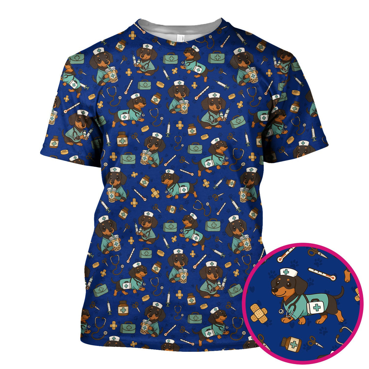 Cute Dachshund Nurse Scrub Top - Funny Dog Print Medical Shirt for Women & Men - Veterinary & Nurse Gift Idea, RN CNA Doctor Scrubs