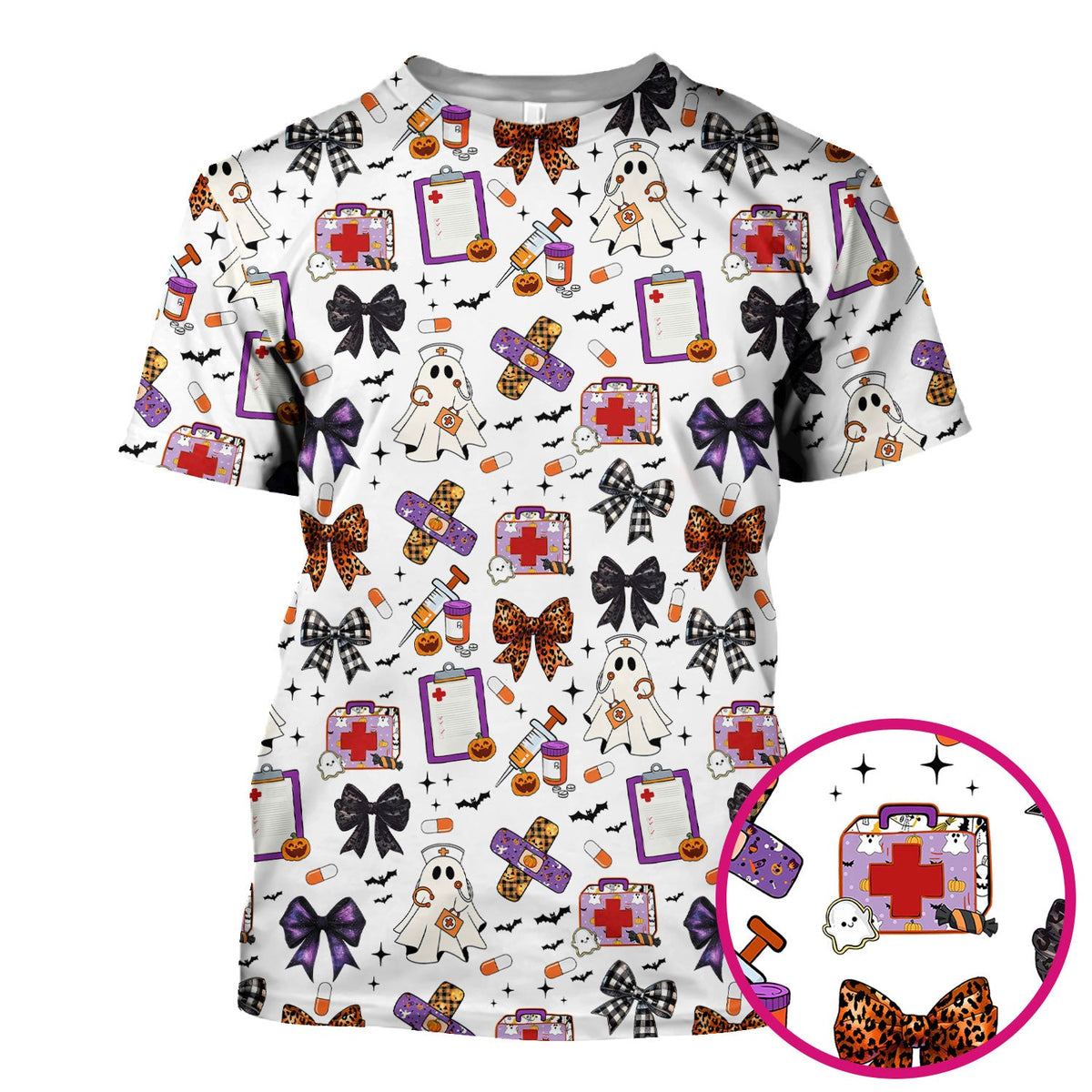 Spooky Ghost Pumpkin Bow Nurse Scrub Top