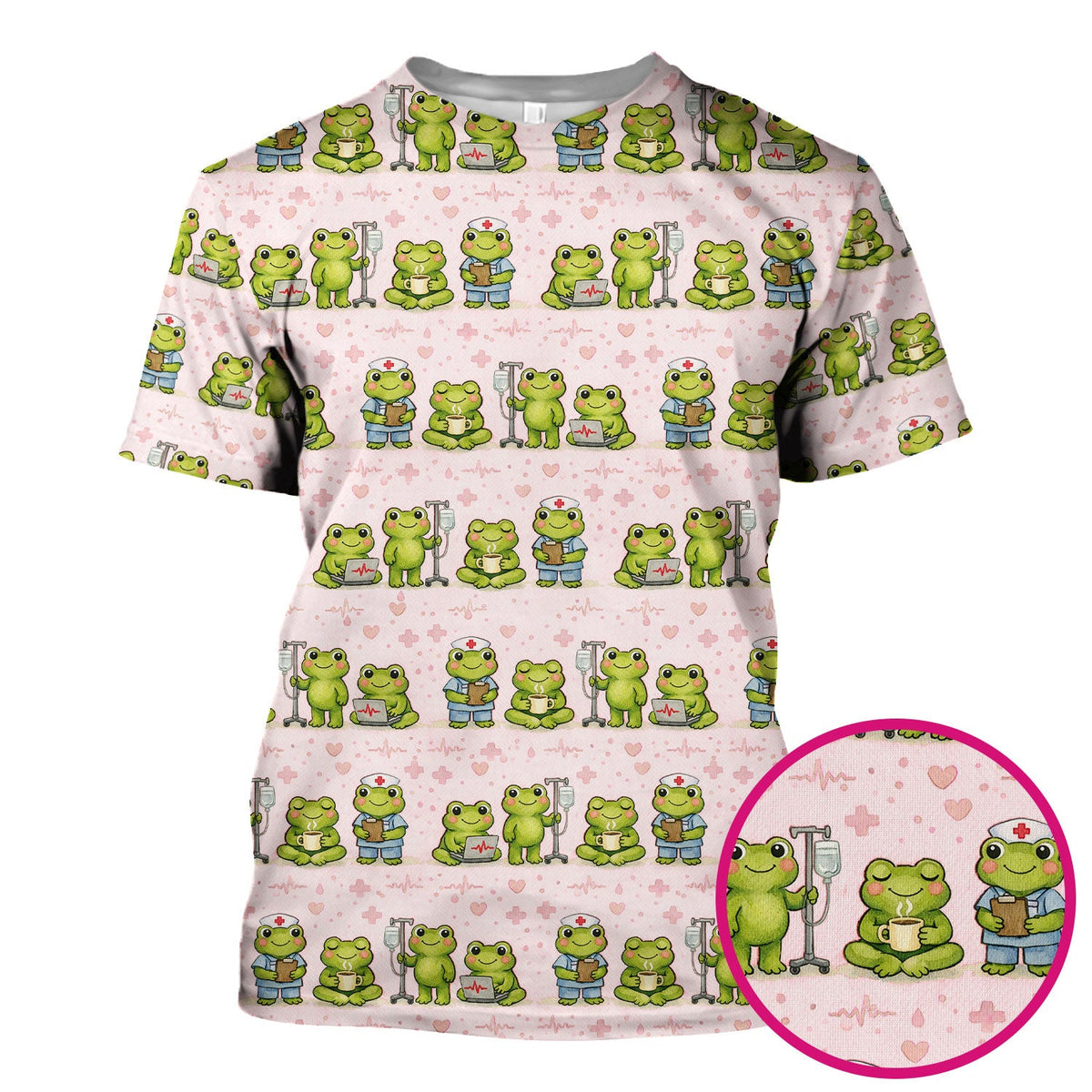 Adorable Frog Nurse Various Poses Print Scrub Top, Comfortable Scrubs for Nurses