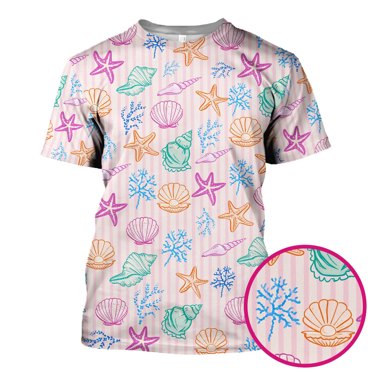 Colorful Seashell Starfish Ocean Stripe Nurse Scrub Top