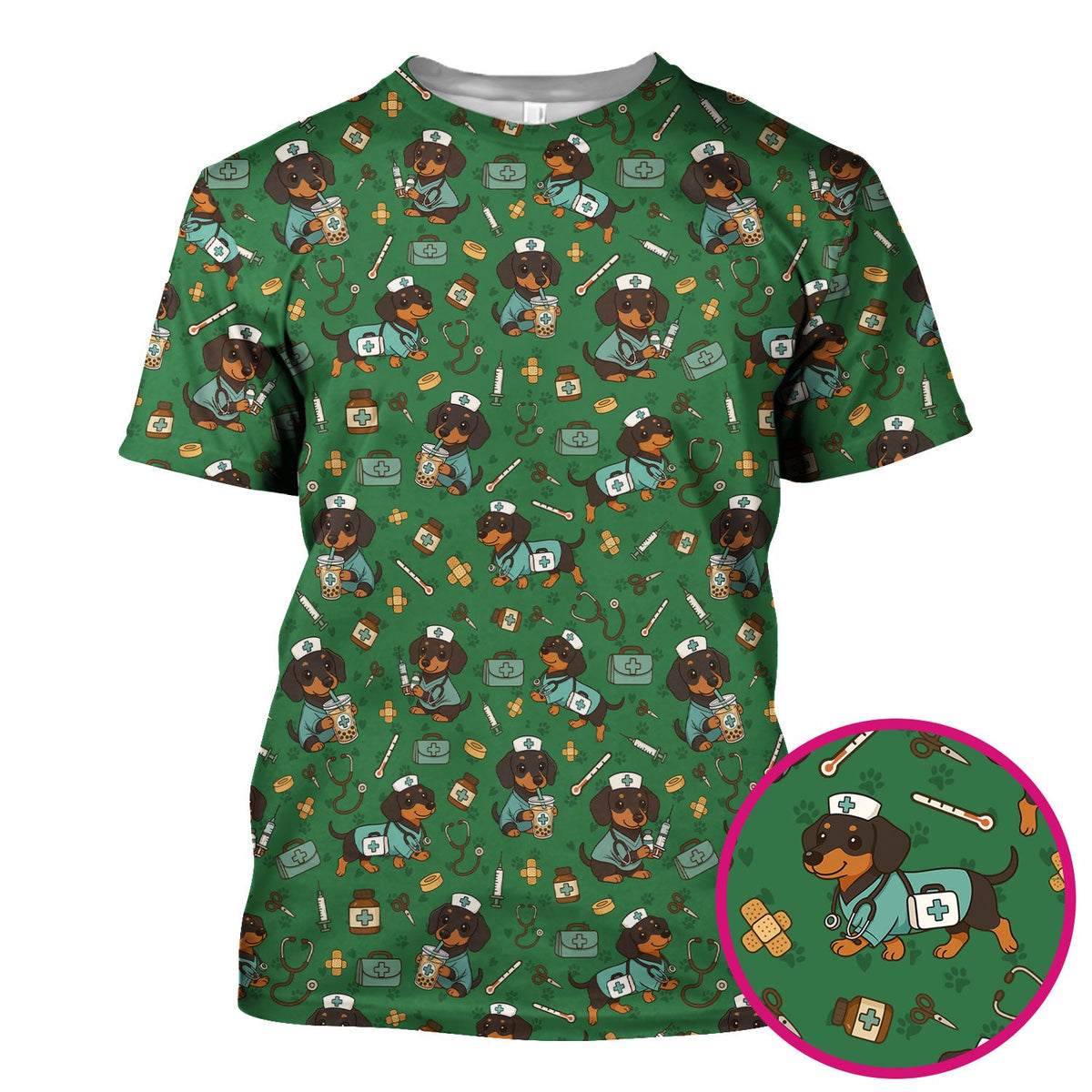 Funny Dachshund Nurse Scrubs - Cute Dog Print Medical Shirt - Holiday Nurse Scrub Top Gift for RN CNA Doctor, Women & Men