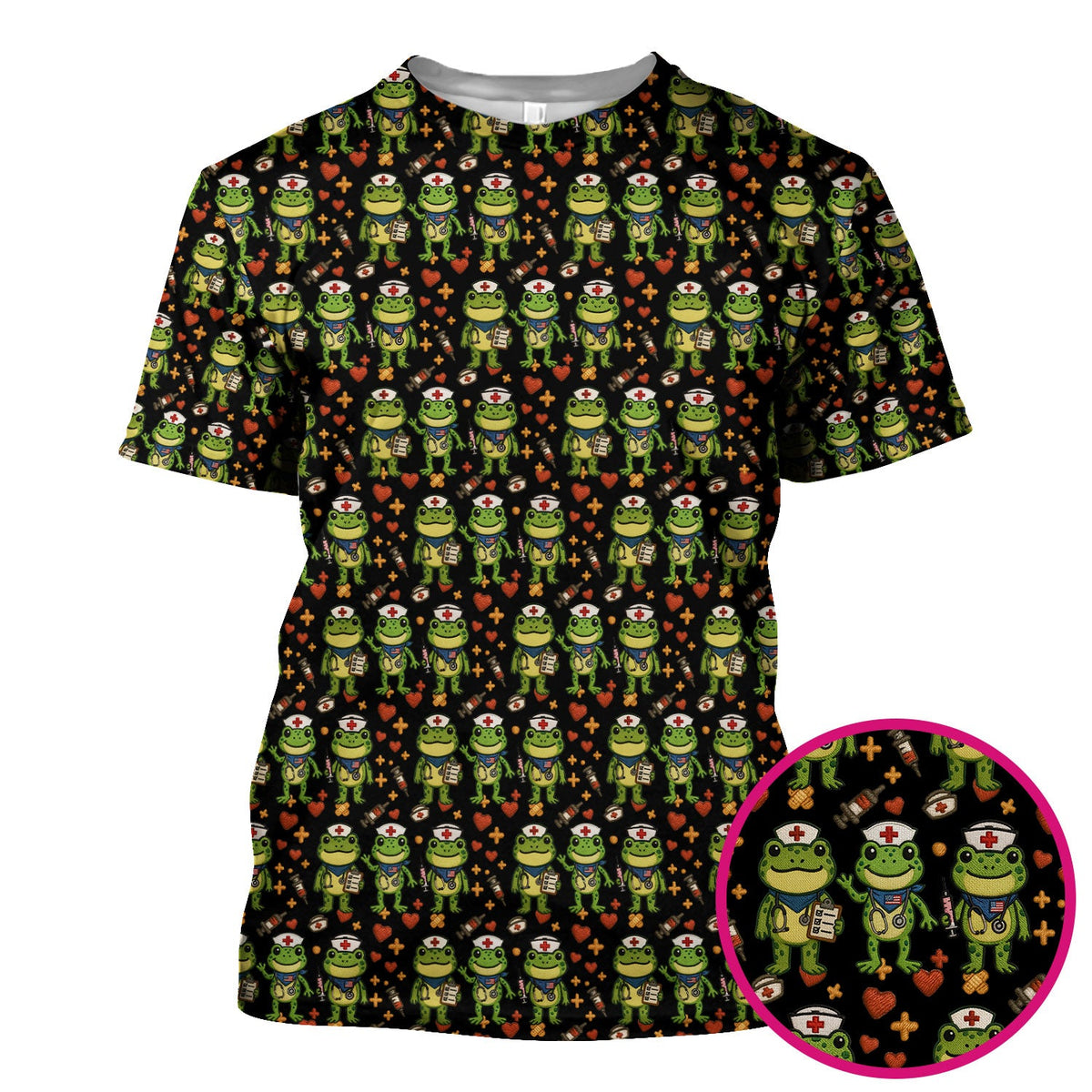 Frog Pattern Scrub Top, Cute Frog Scrub Shirt, Breathable Fabrics Nursing Uniform