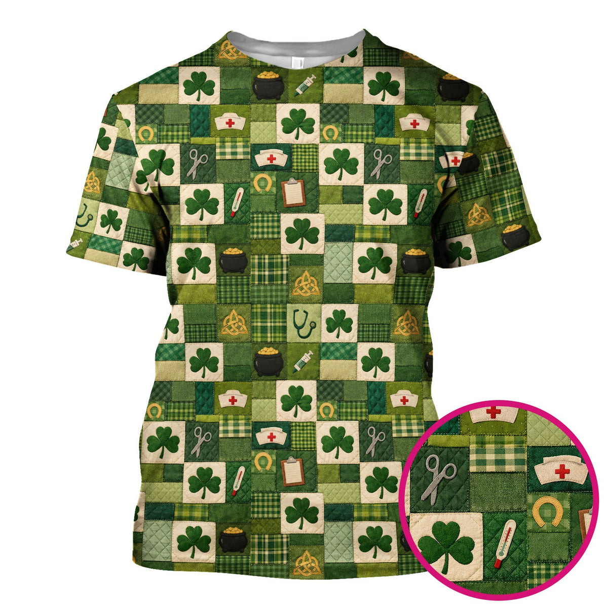 St Patrick Patchwork Shamrock Nurse Scrub Top
