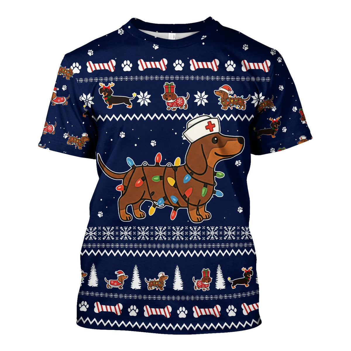 Christmas Dachshund Nurse Scrub Top for Women - Cute Sausage Dog Wearing Lights - Funny Holiday Medical Shirt Gift for RN CNA LPN