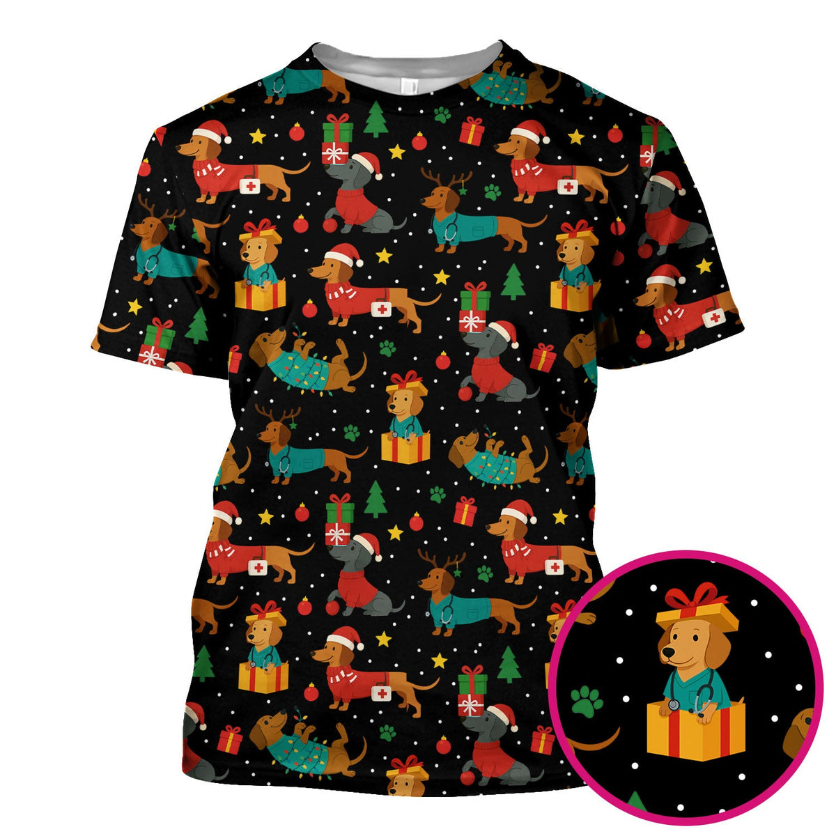 Dachshund Scrub Top Christmas - Cute Dog Nurse Shirt - Holiday Medical Scrubs Gift for Women CNA RN Doctor