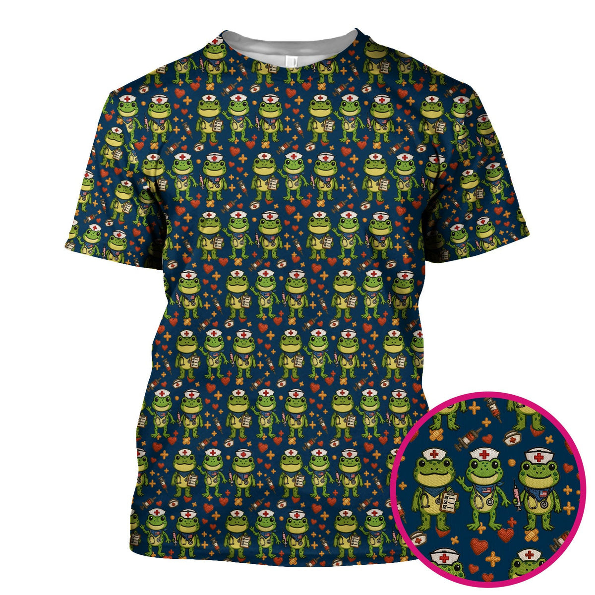 Frog Pattern Scrub Top, Cute Frog Scrub Shirt, Breathable Fabrics Nursing Uniform