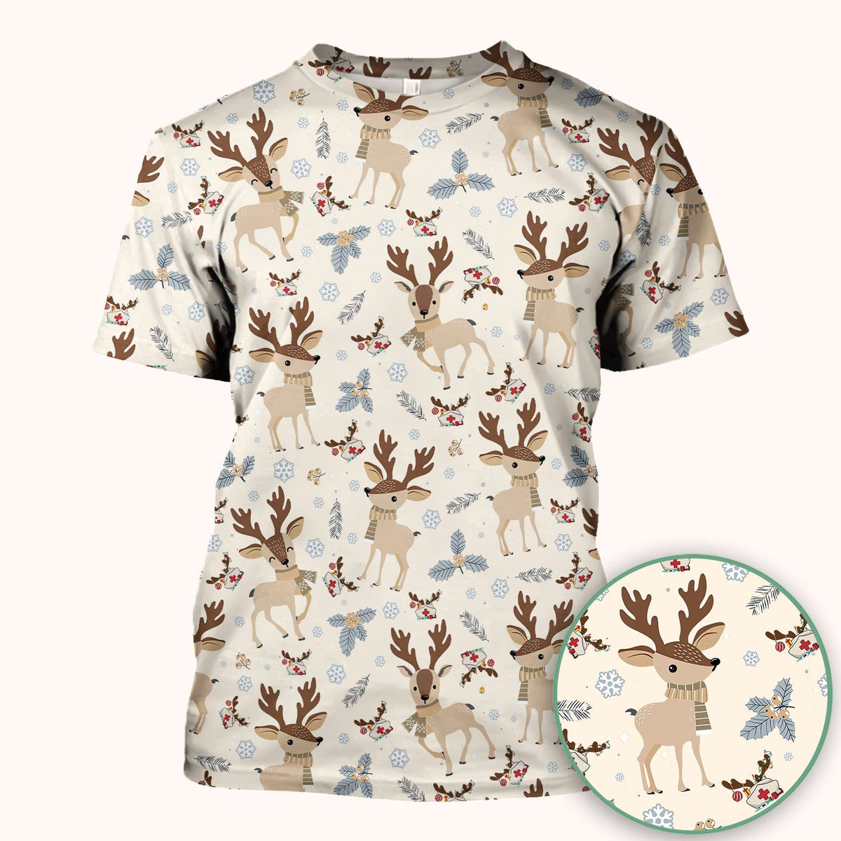 Reindeer Christmas Scrub Top - Cozy Beige Holiday Nurse Shirt with Cute Deer Pattern - Festive Medical Scrubs for Women RN CNA LPN