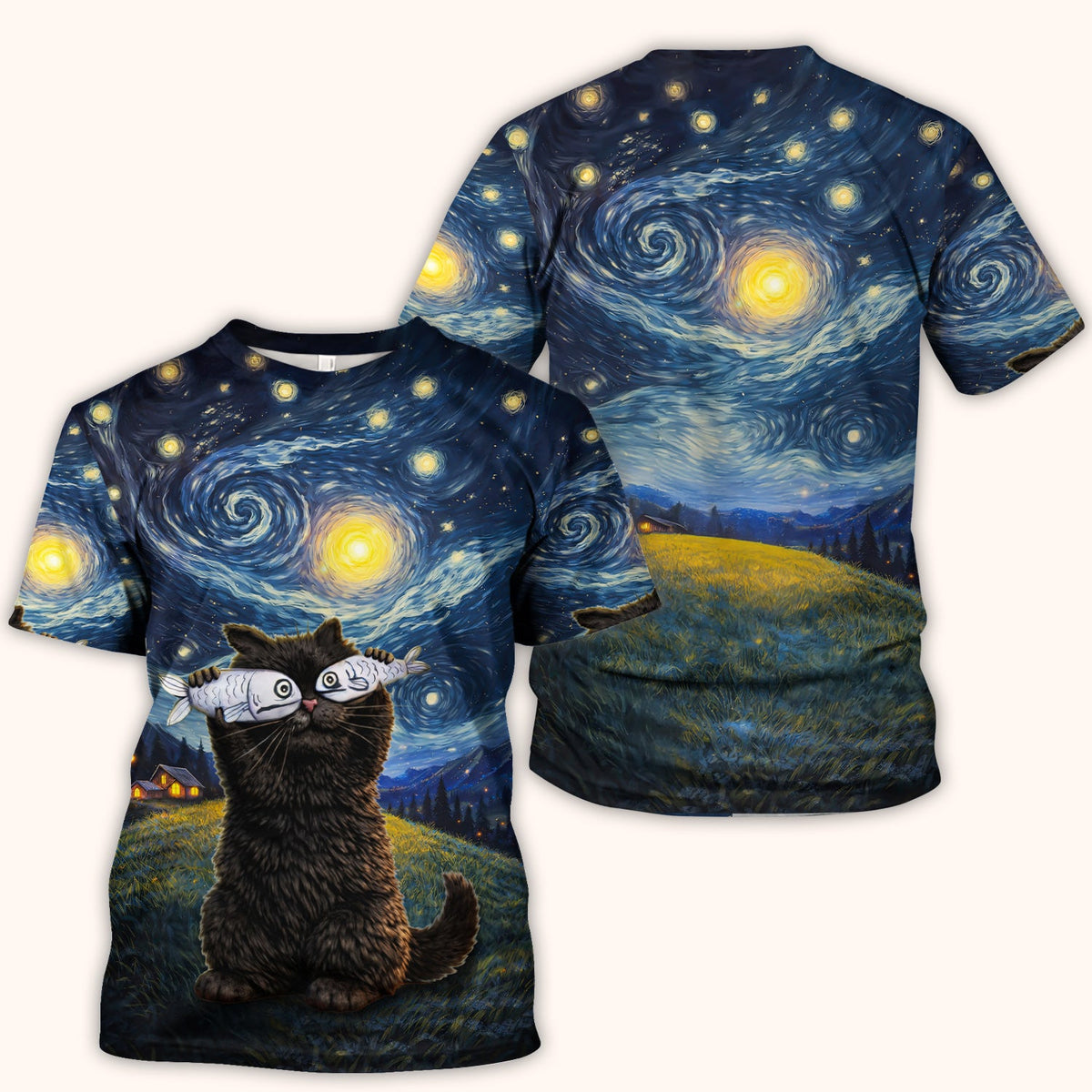 Starry Night Cat Art Print V Neck Nursing Scrub Top, for Cat Lover Nurses