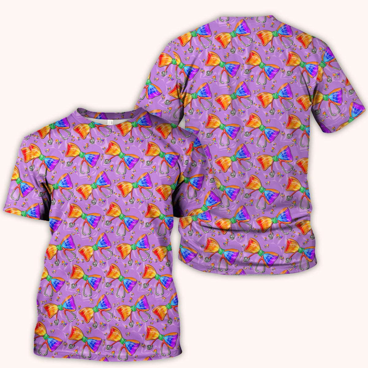 Colorful Rainbow Bow Stethoscope Nurse Scrub Top