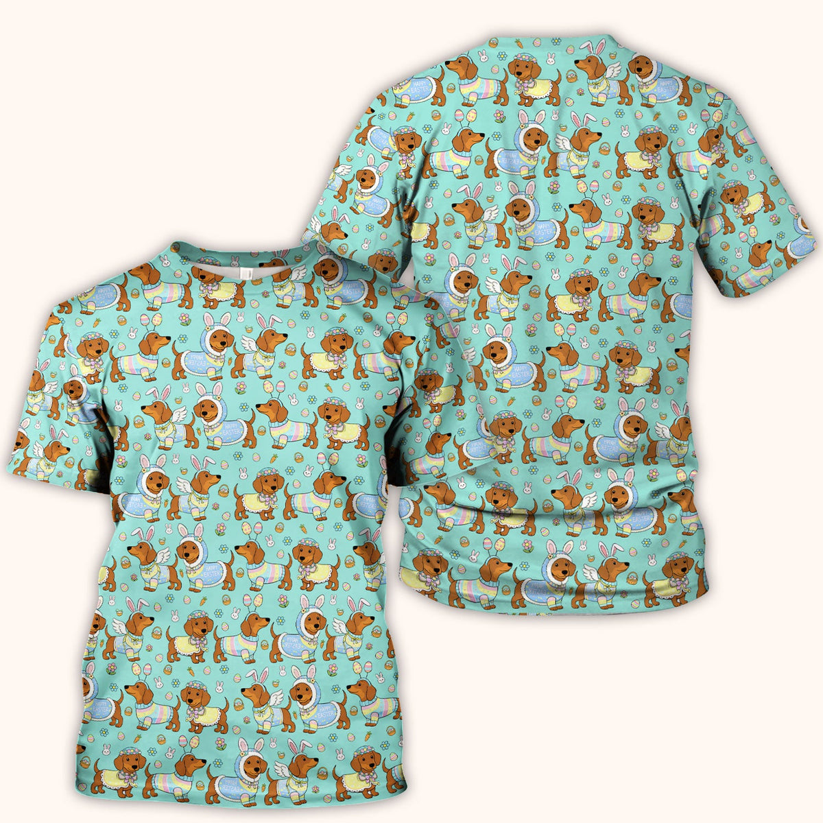 Easter Dachshund Bunny Print Scrub Top, Breathable Fabrics Nursing Uniform