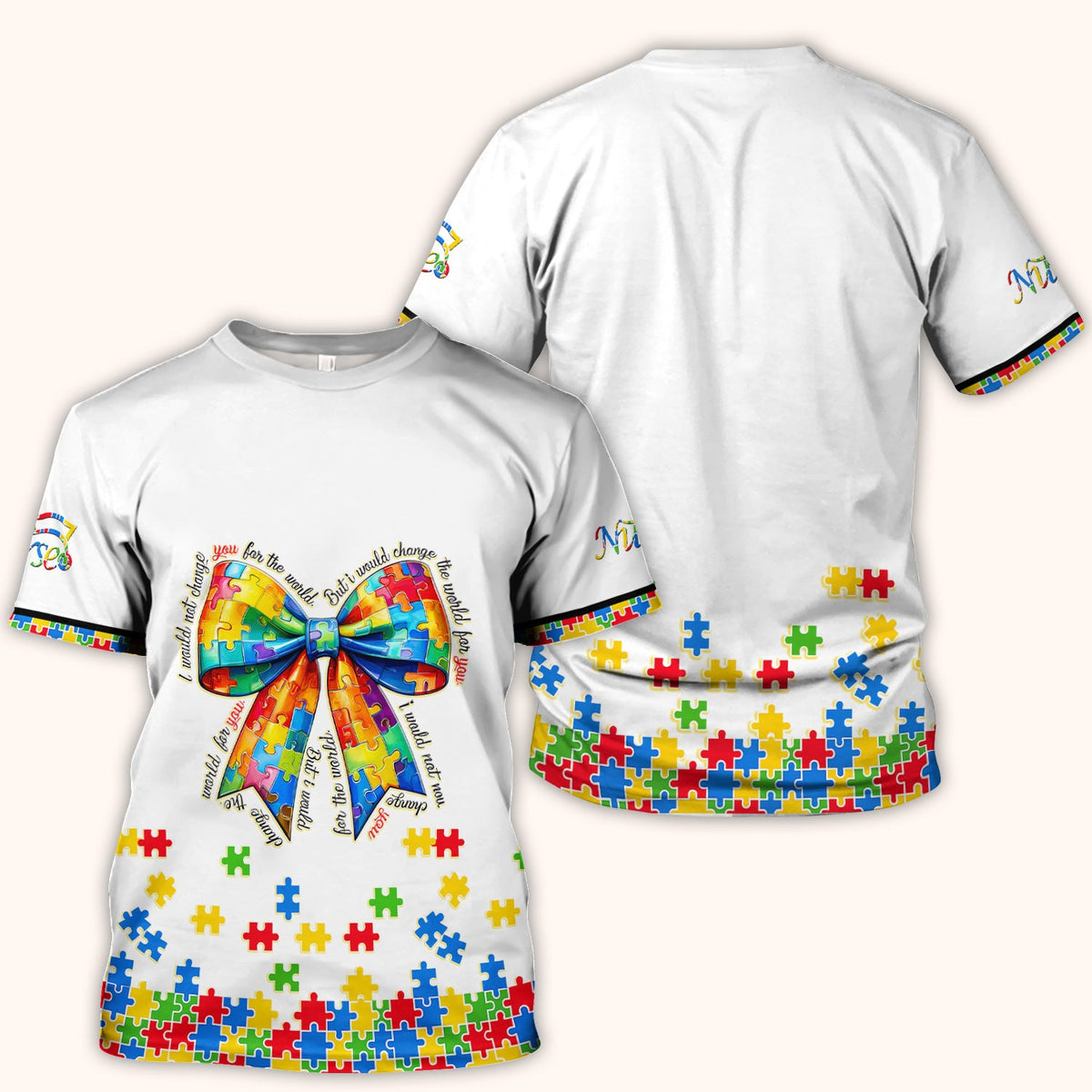 Autism Puzzle Bow Colorful Pieces Nurse Scrub Top