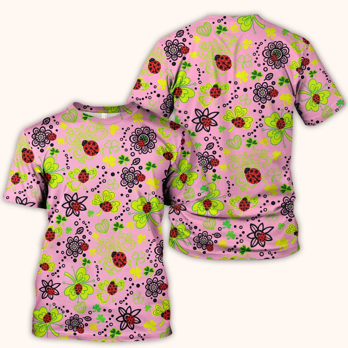 Ladybug Clover Floral Pattern Print Scrubs Nurses, Breathable Fabrics Nursing Uniform