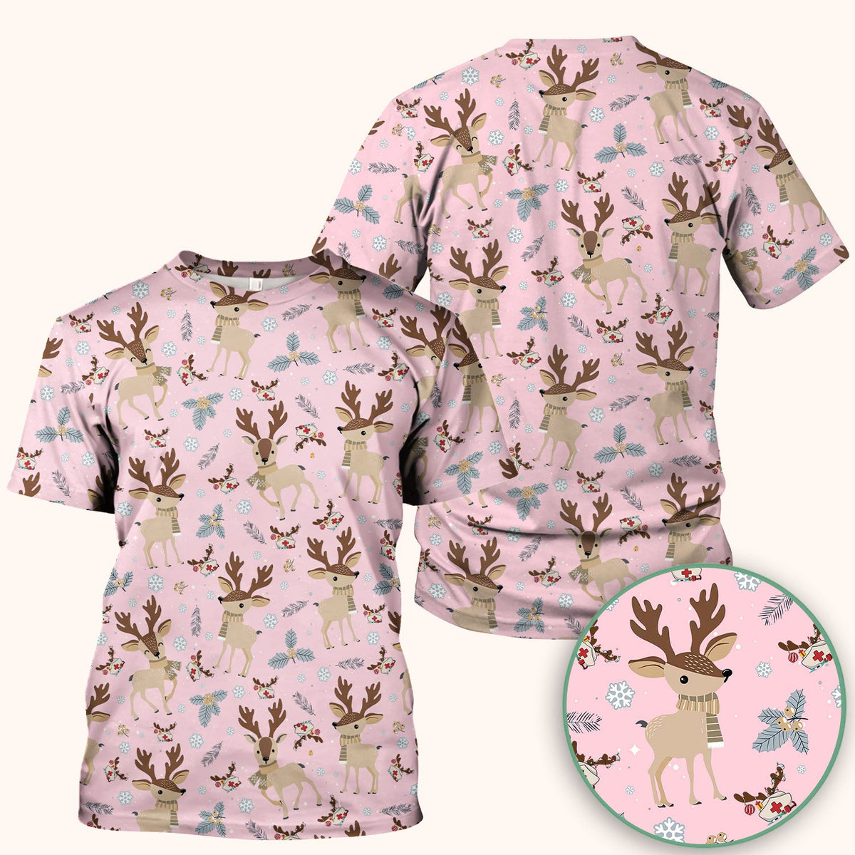 Reindeer Christmas Scrub Top - Cozy Beige Holiday Nurse Shirt with Cute Deer Pattern - Festive Medical Scrubs for Women RN CNA LPN