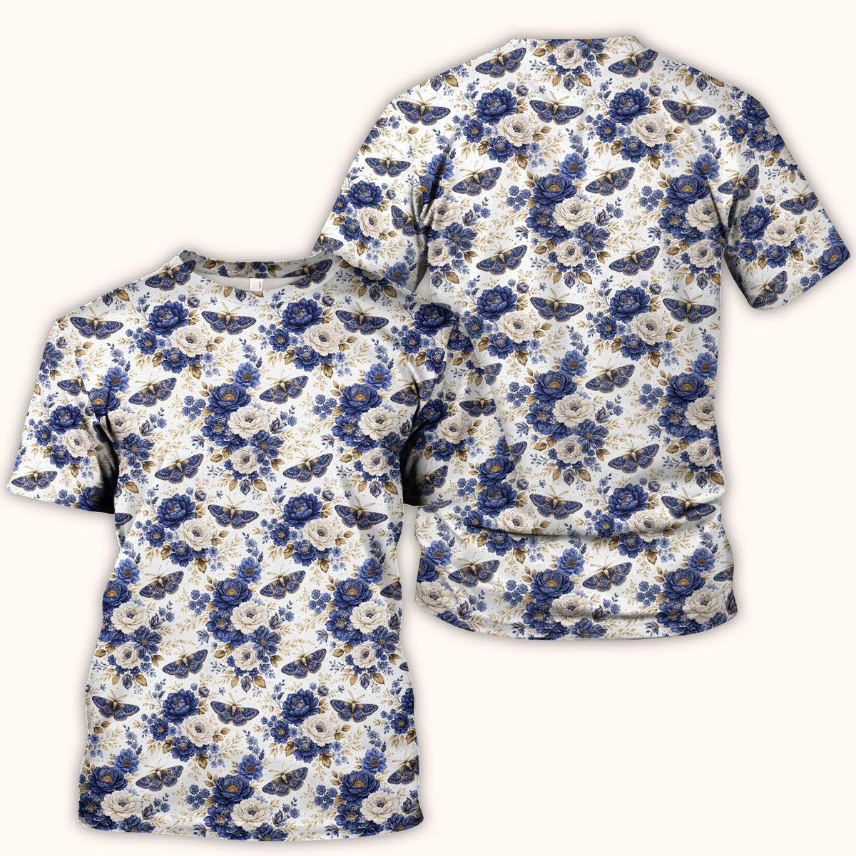 Cute Blue Floral Moth Nurse Scrub Top