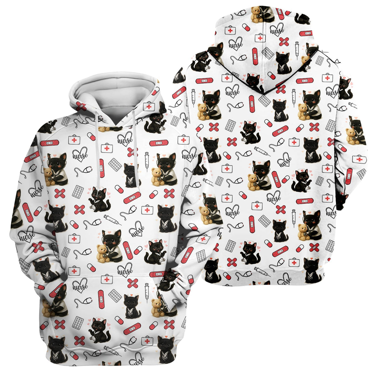 Cute Black Cat Nurse Scrub Top for RN CNA LPN - Funny Kitty Medical Pattern Uniform - Gift for Cat Loving Healthcare Women
