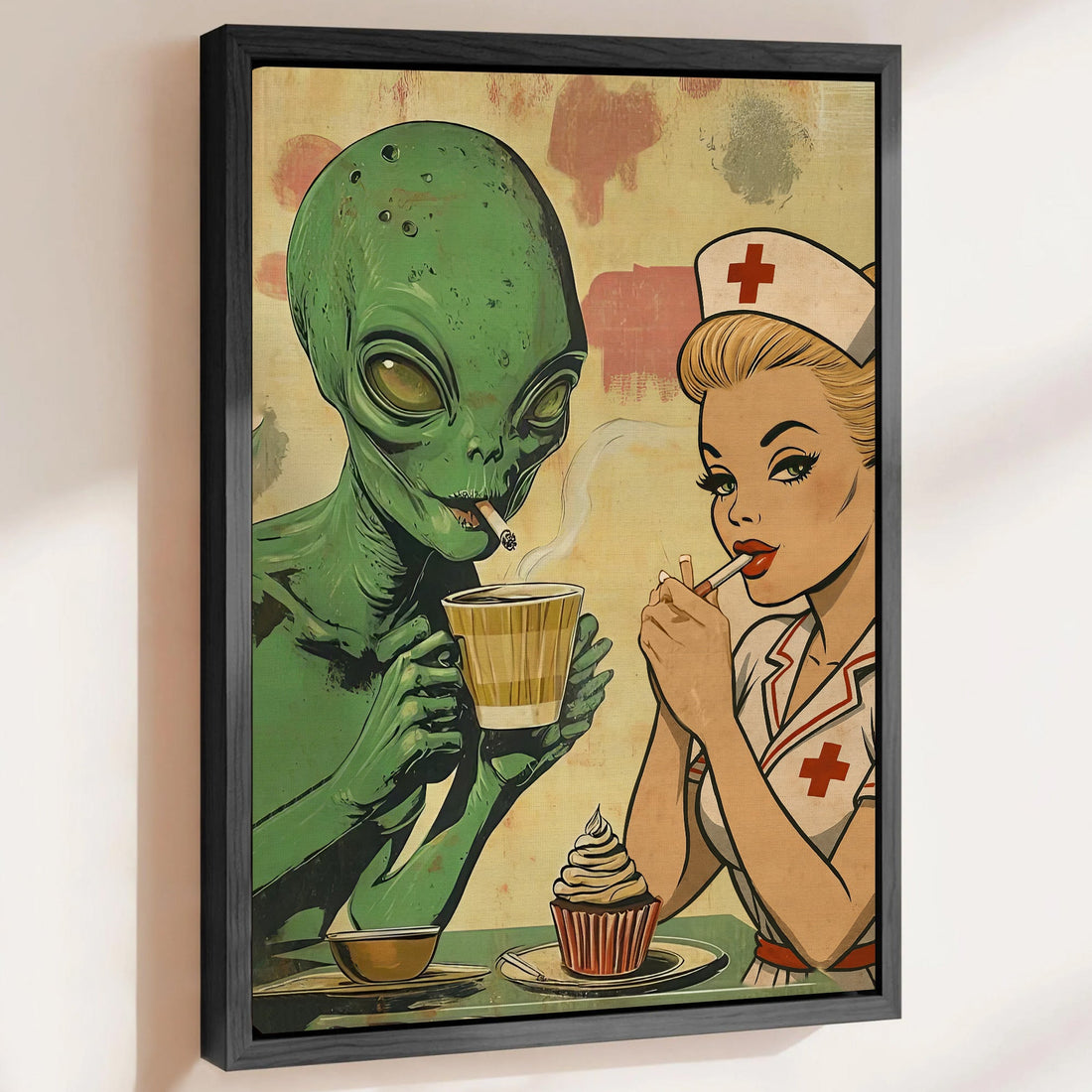 Vintage Alien Smoking Coffee Nurse Canvas