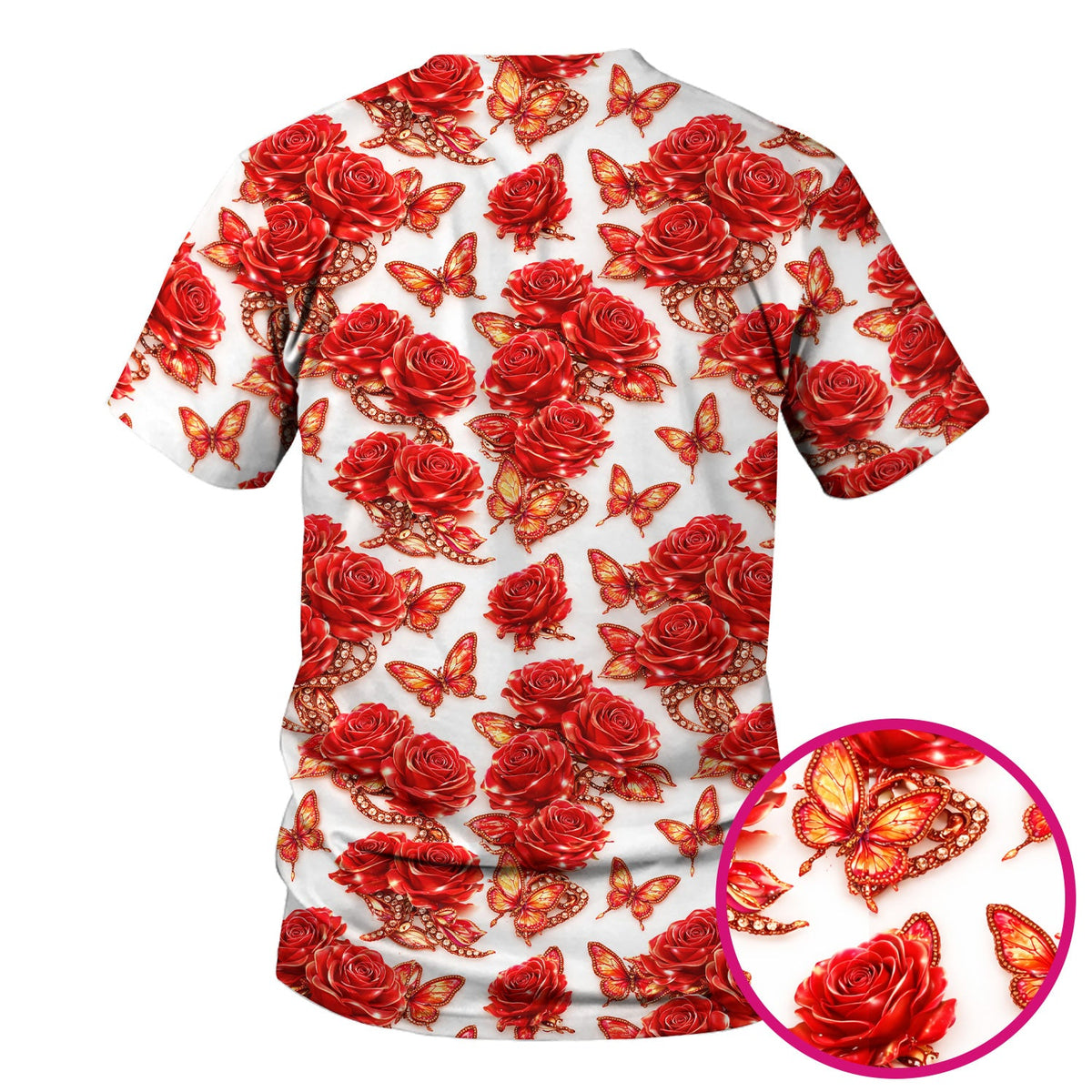 Red Rose And Butterfly Nurse Scrub Top