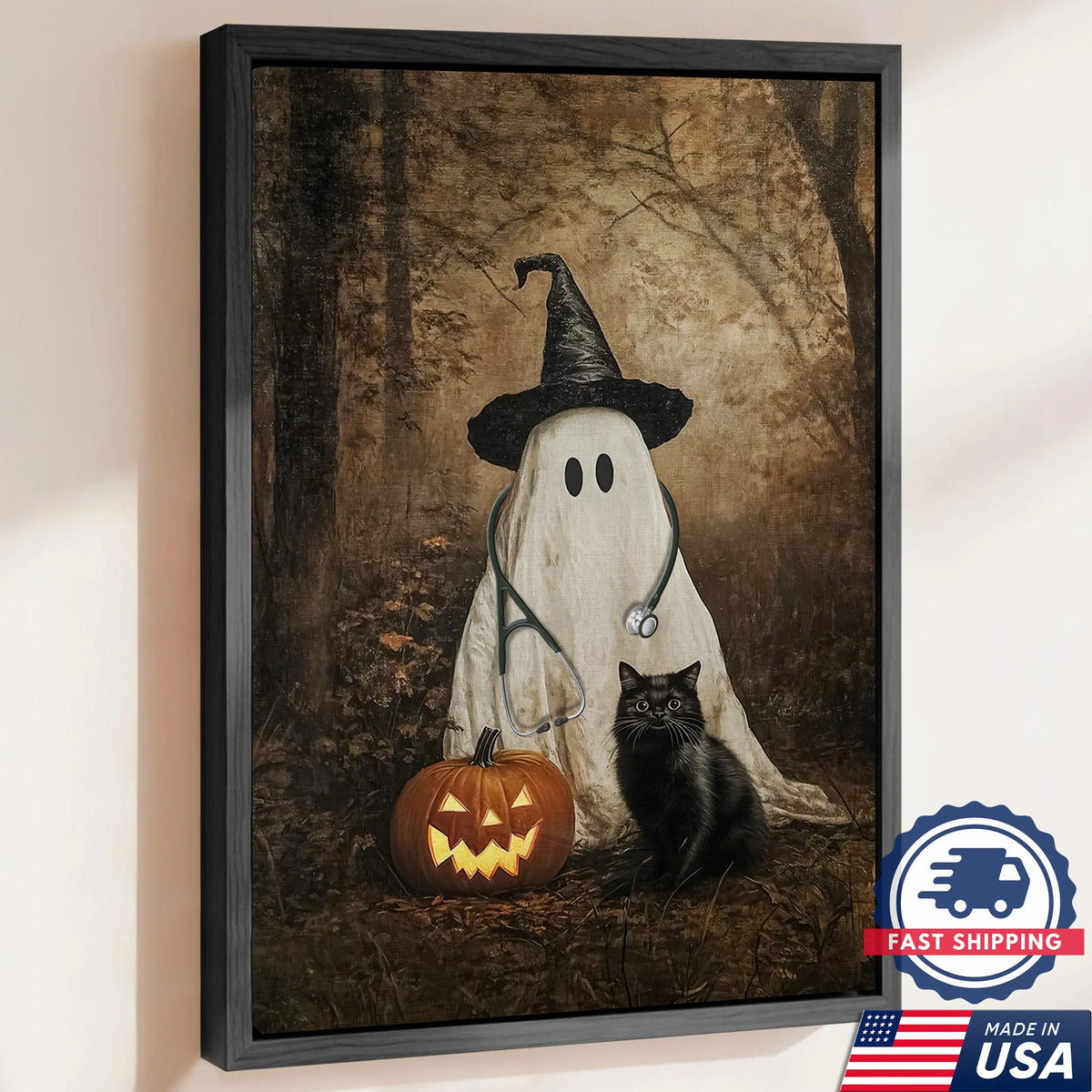 Ghost Pumpkin Black Cat Nurse Canvas - Halloween Gift