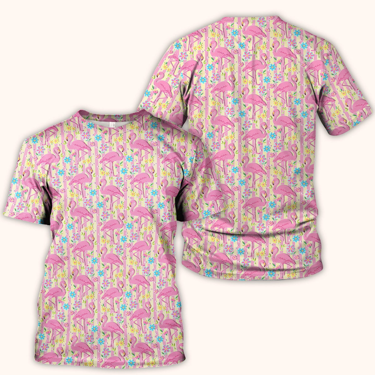 Pink Flamingo Flower Stripe Nurse Scrub Top
