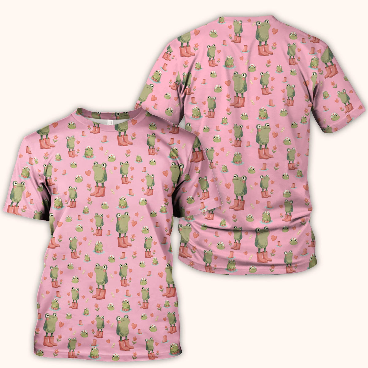 Adorable Frog Boots Heart Pattern Scrub Top, Comfortable Scrubs for Nurses