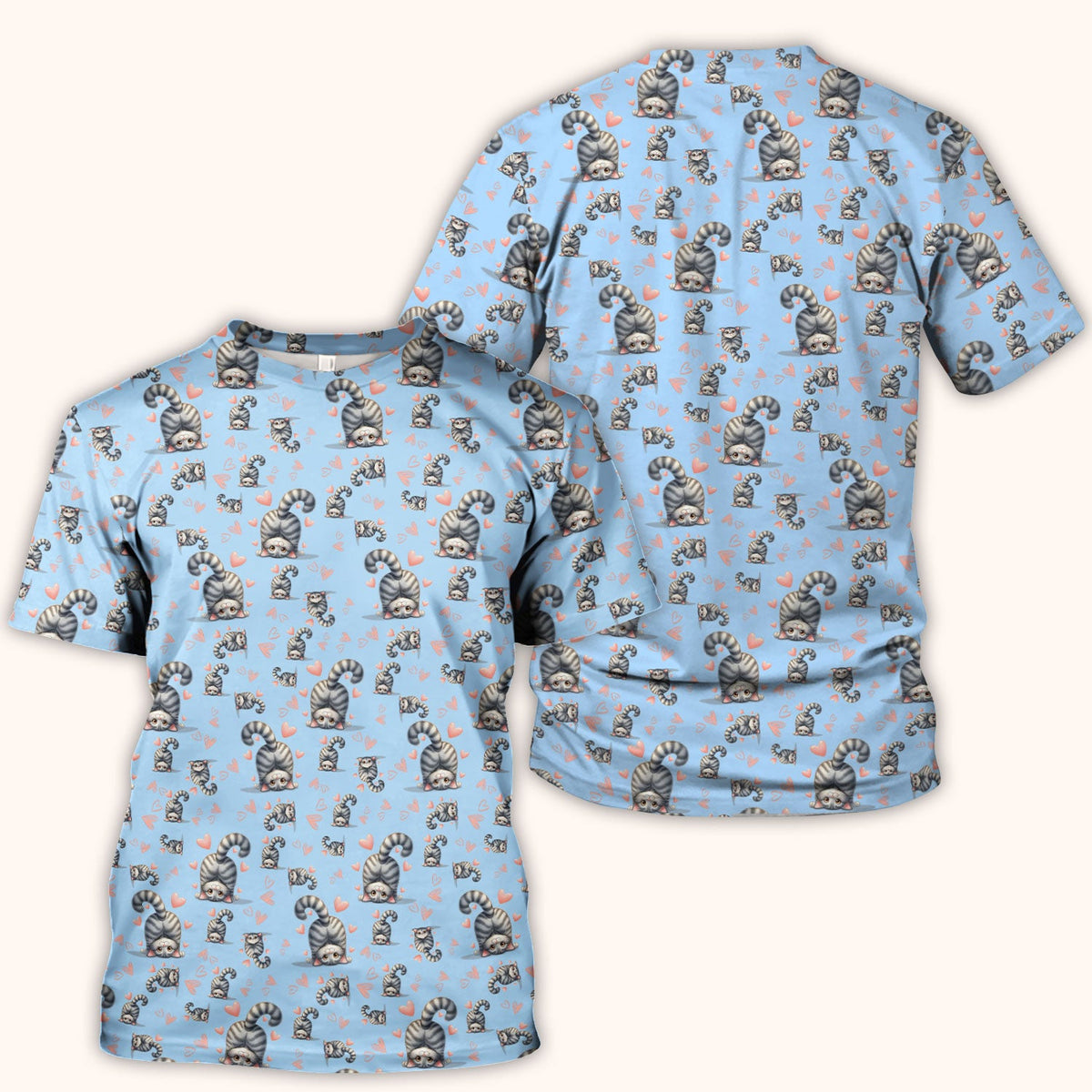 Valentine Cute Cat Scrub Top, Cat Heart Pattern Nurse Uniform, Comfortable Scrubs For Nurses
