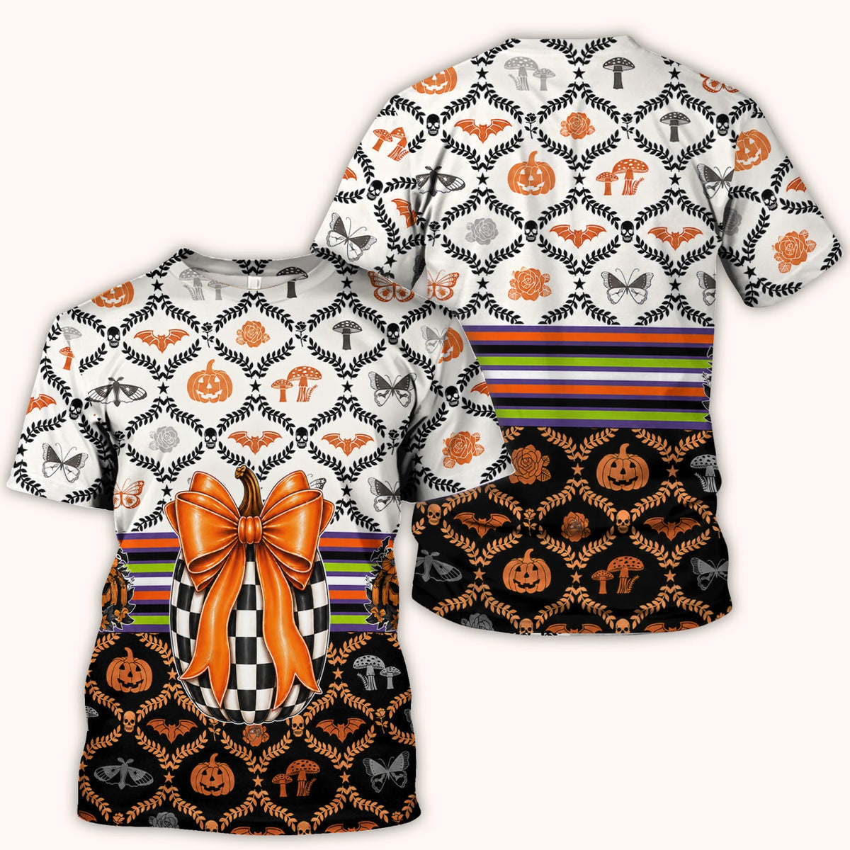 Checkered Pumpkin Bow Nurse Scrub Top - Halloween Gift